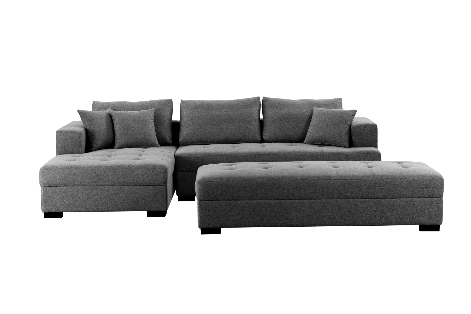 111'' Tufted Fabric 3 Seat L Shape Sectional Sofa Couch Set W Chaise Lounge, Ottoman Coffee Table Bench, Dark Grey Dark Grey Fabric