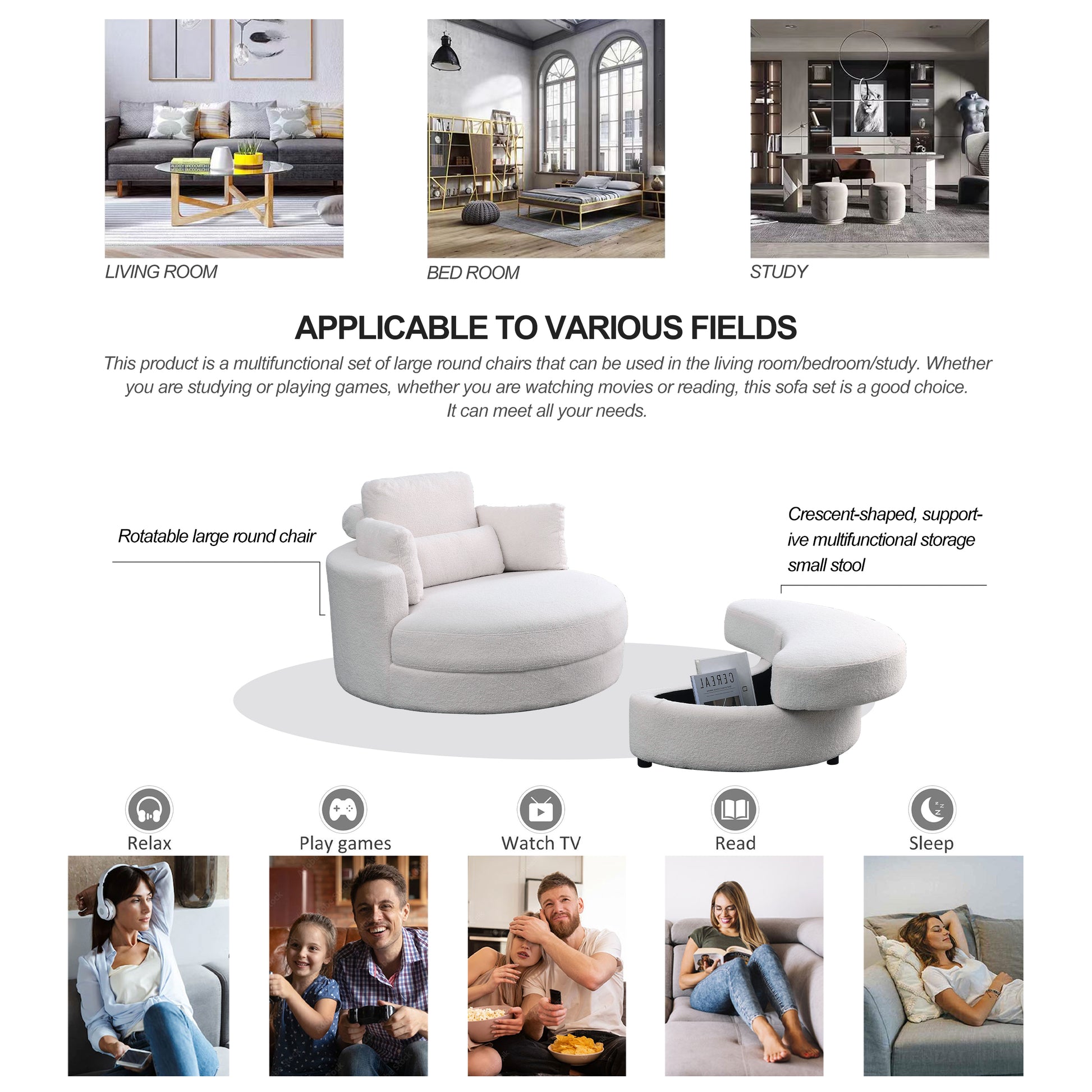 Video Welike Swivel Accent Barrel Modern Sofa Lounge Club Big Round Chair With Storage Ottoman Teddy Fabric For Living Room Hotel With Pillows. *2Pcs,Teddy White Ivory Ivory Foam Fabric