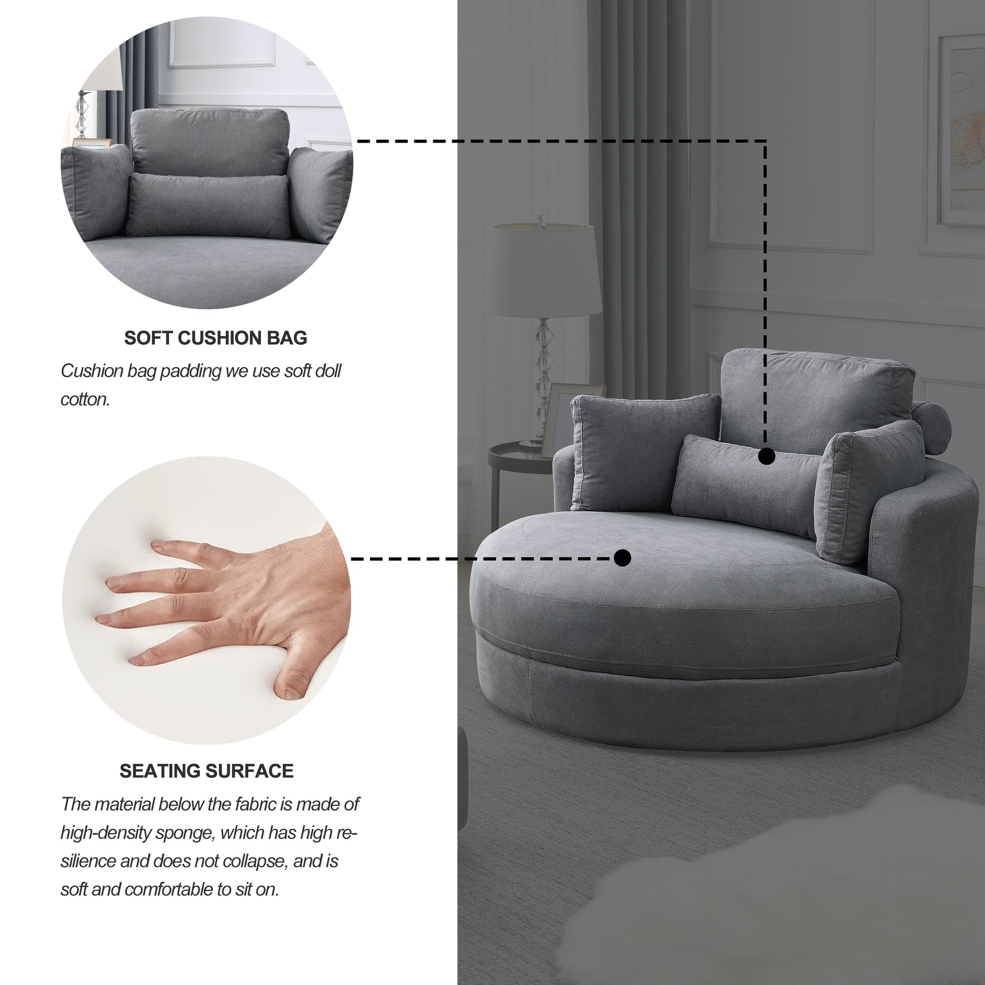 Video Welike Swivel Accent Barrel Modern Dark Grey Sofa Lounge Club Big Round Chair With Storage Ottoman Linen Fabric For Living Room Hotel With Pillows Dark Grey Foam Fabric