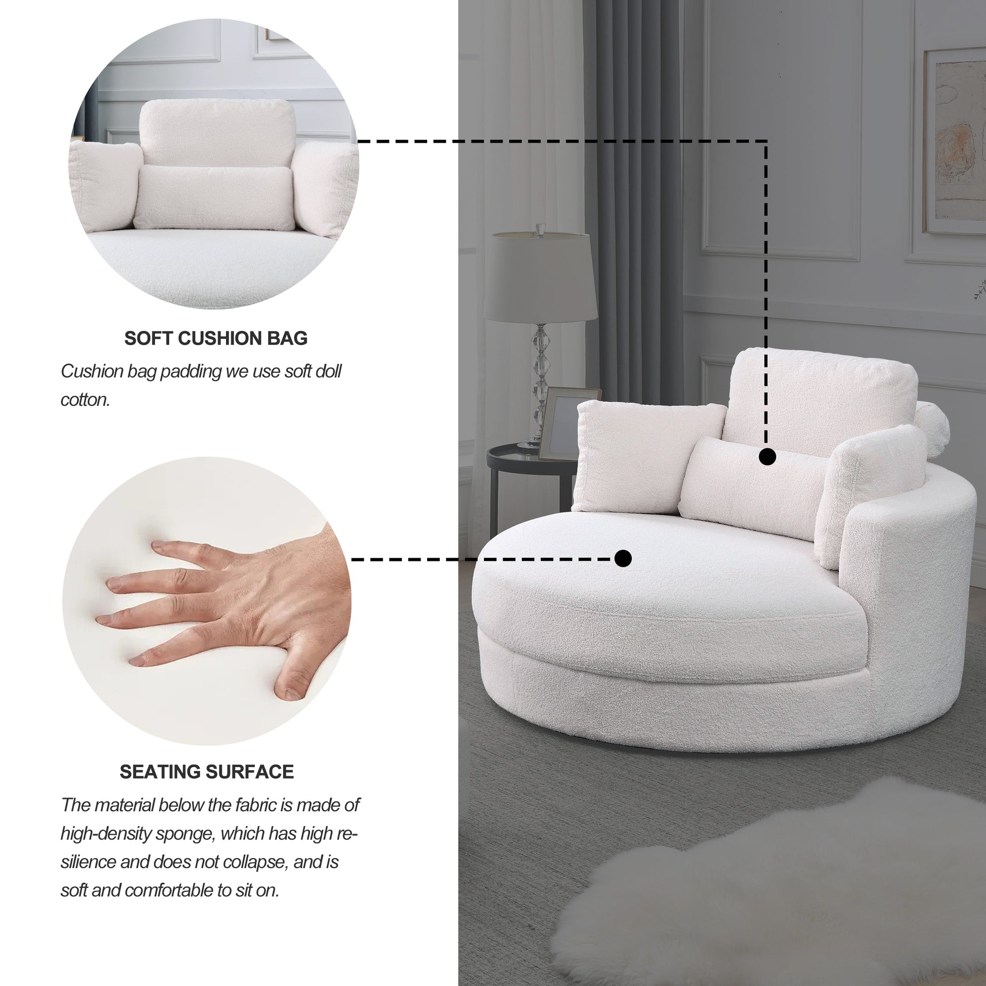 Video Welike Swivel Accent Barrel Modern Sofa Lounge Club Big Round Chair With Storage Ottoman Teddy Fabric For Living Room Hotel With Pillows. *2Pcs,Teddy White Ivory Ivory Foam Fabric