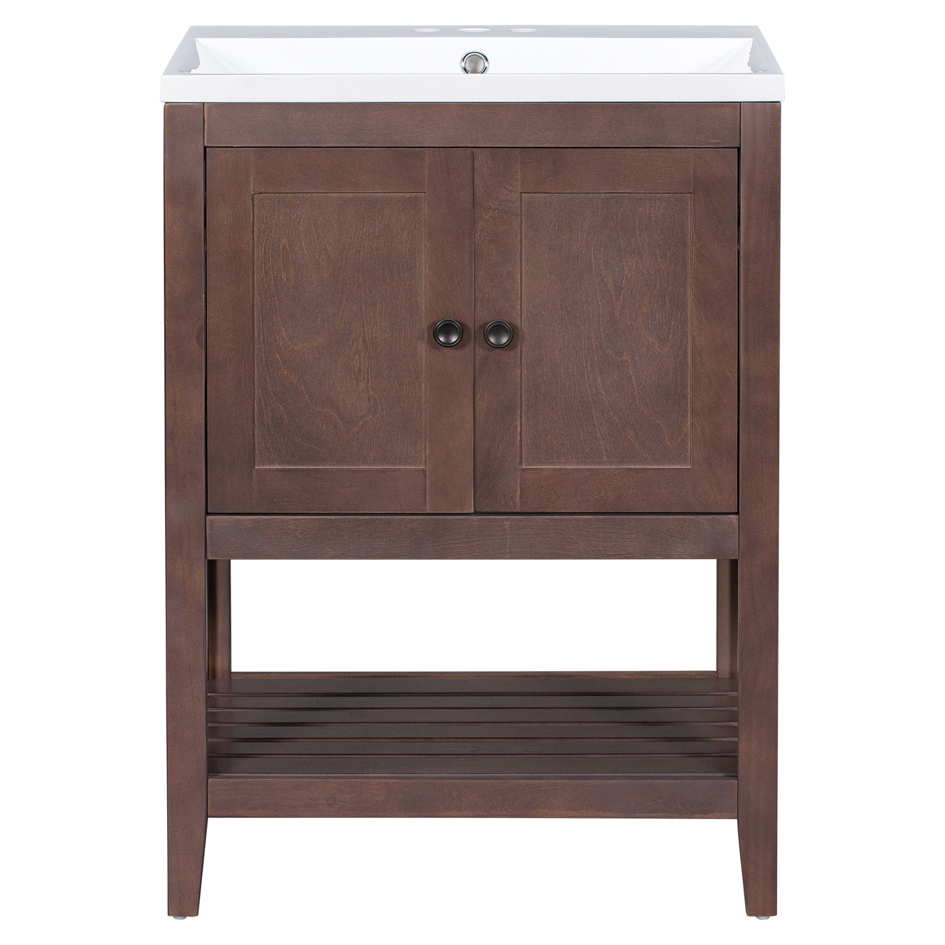 Video 24" Brown Modern Sleek Bathroom Vanity Elegant Ceramic Sink With Solid Wood Frame Open Style Shelf Old Sku: Jl000004Aad Brown Solid Wood Mdf