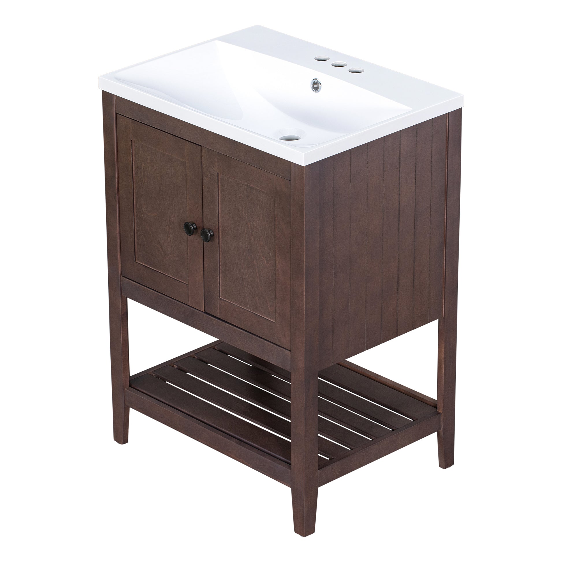 Video 24" Brown Modern Sleek Bathroom Vanity Elegant Ceramic Sink With Solid Wood Frame Open Style Shelf Old Sku: Jl000004Aad Brown Solid Wood Mdf