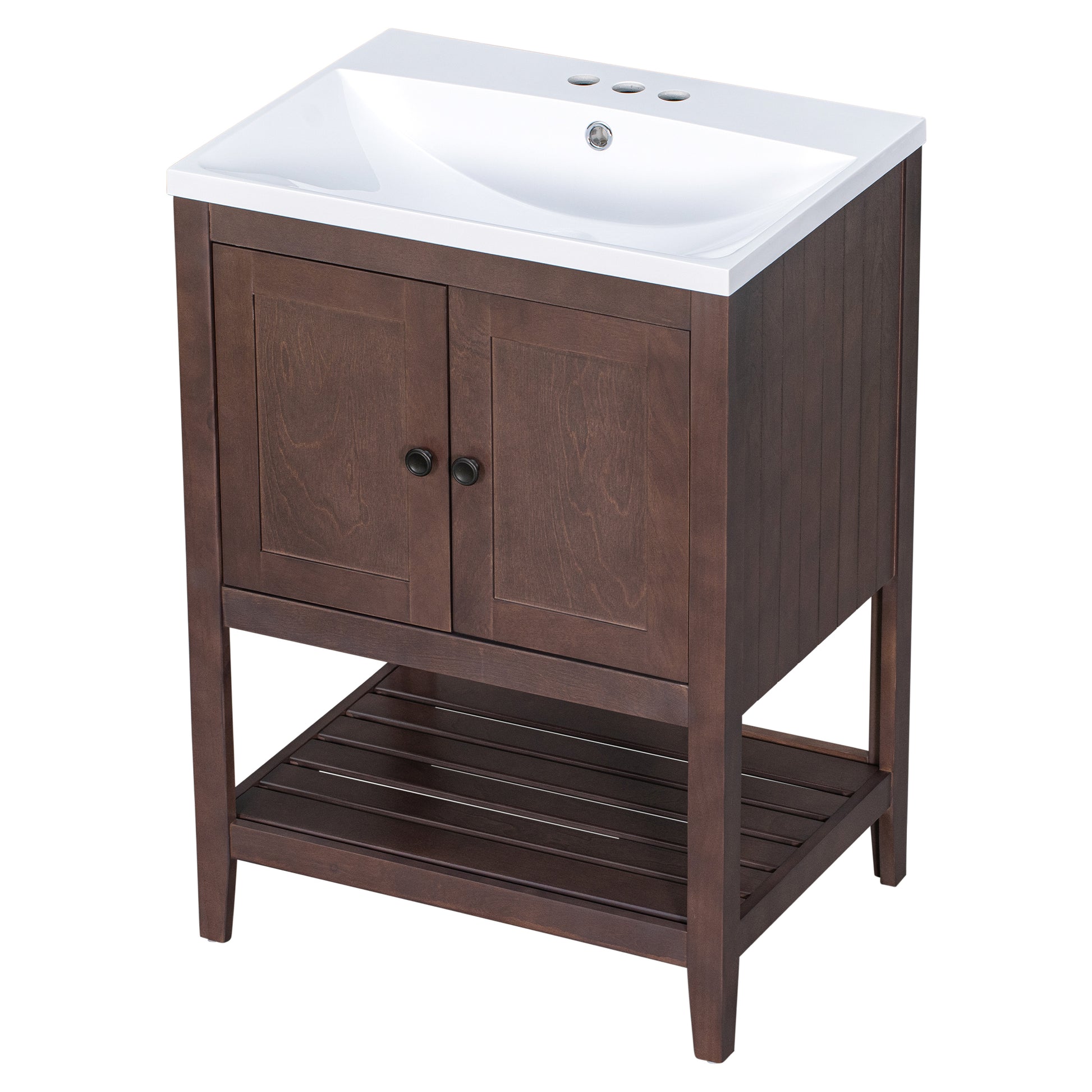 Video 24" Brown Modern Sleek Bathroom Vanity Elegant Ceramic Sink With Solid Wood Frame Open Style Shelf Old Sku: Jl000004Aad Brown Solid Wood Mdf