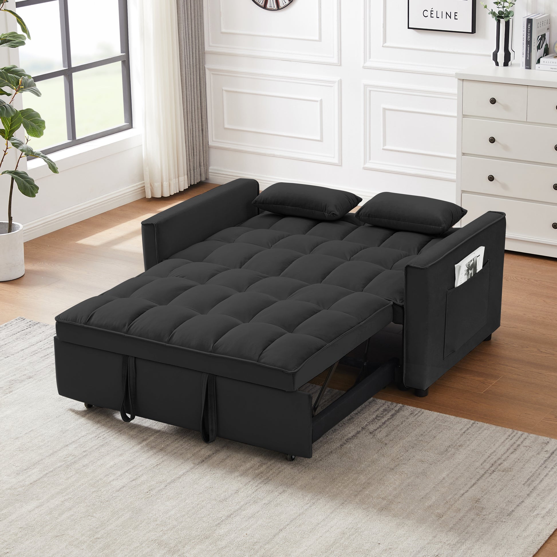 Modern Velvet Loveseat Futon Sofa Couch W Pullout Bed,Small Beautiful Seat Lounge Sofa W Reclining Backrest,Toss Pillows, Pockets,Furniture For Living Room,3 In 1 Convertible Sleeper Sofa Bed, Black Black Velvet 2 Seat