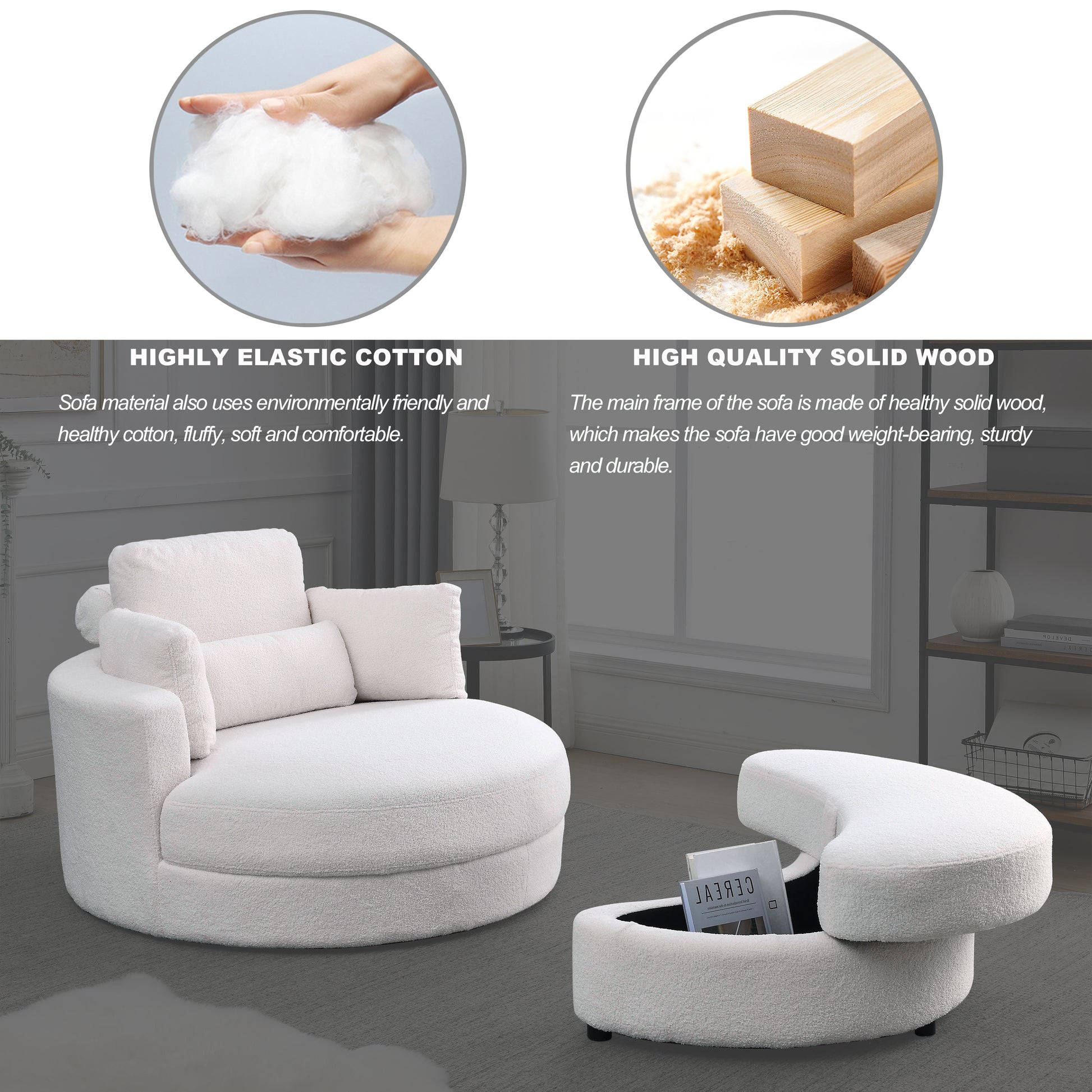 Video Welike Swivel Accent Barrel Modern Sofa Lounge Club Big Round Chair With Storage Ottoman Teddy Fabric For Living Room Hotel With Pillows. *2Pcs,Teddy White Ivory Ivory Foam Fabric