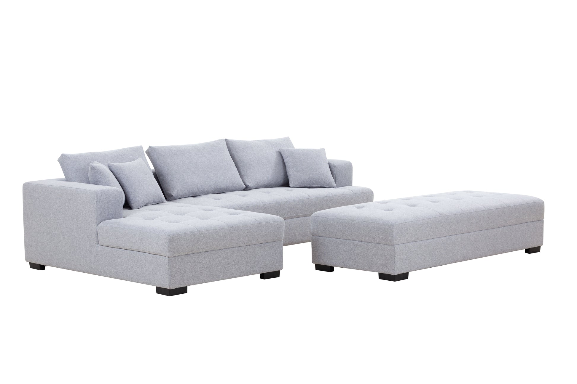 Tufted Fabric 3 Seat L Shape Sectional Sofa Couch Set W Chaise Lounge, Ottoman Coffee Table Bench, Light Grey Light Grey Fabric