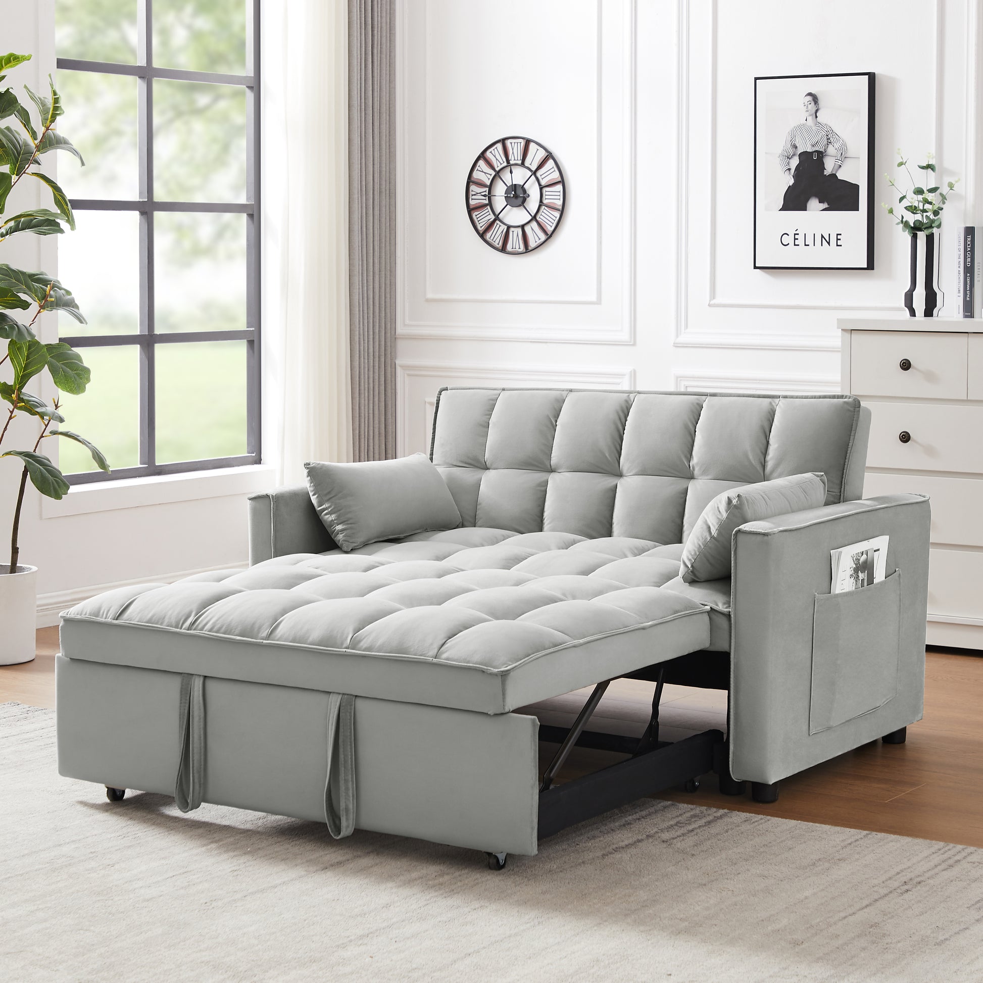 Modern Velvet Loveseat Futon Sofa Couch W Pullout Bed,Small Beautiful Seat Lounge Sofa W Reclining Backrest,Toss Pillows, Pockets,Furniture For Living Room,3 In 1 Convertible Sleeper Sofa Bed, Gray Gray Velvet 2 Seat