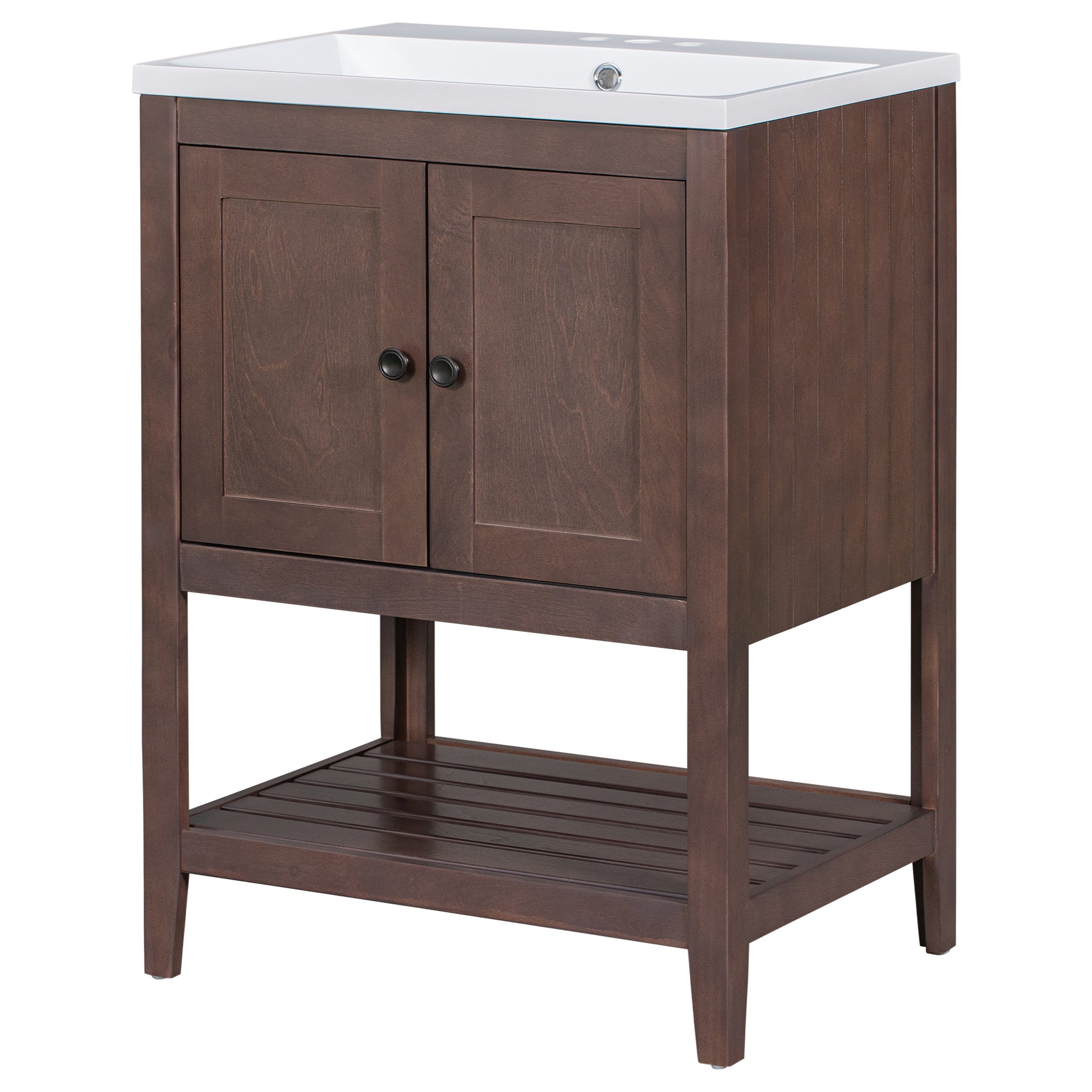 Video 24" Brown Modern Sleek Bathroom Vanity Elegant Ceramic Sink With Solid Wood Frame Open Style Shelf Old Sku: Jl000004Aad Brown Solid Wood Mdf