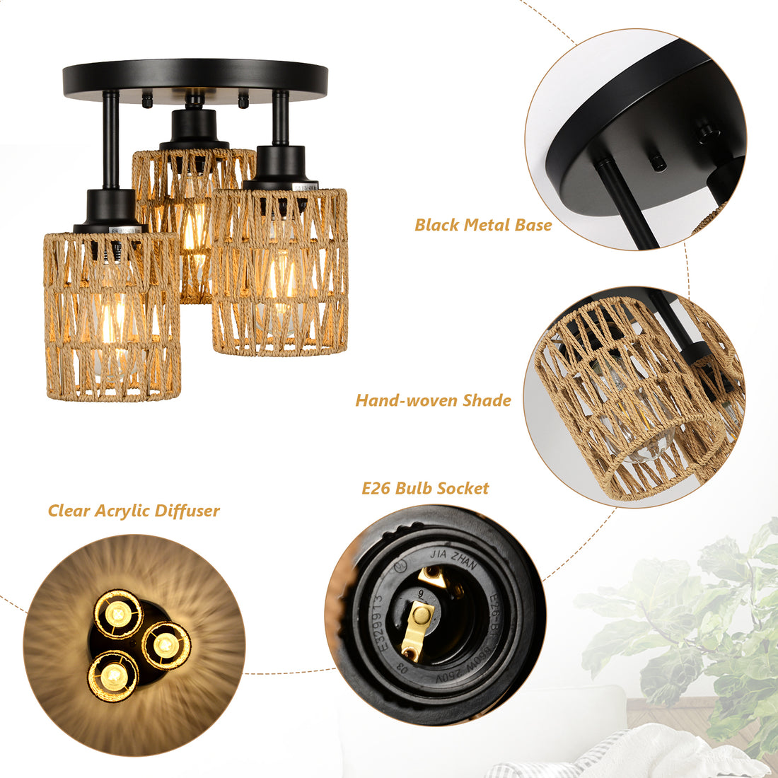 3 Lights Boho Flush Mount Light Brown Rattan