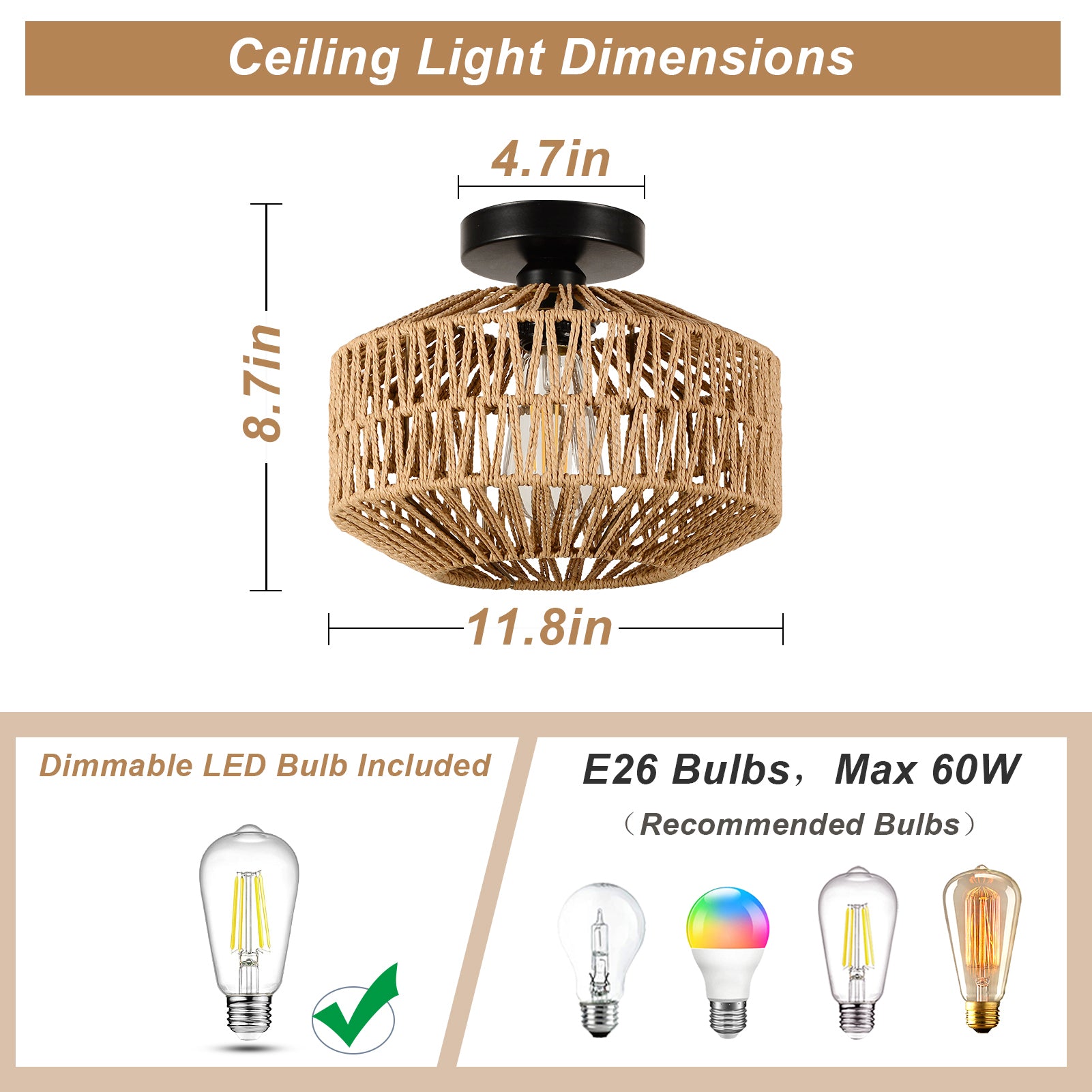 Mini Rattan Flush Mount Light With Dimmable Led Bulb Brown Rattan