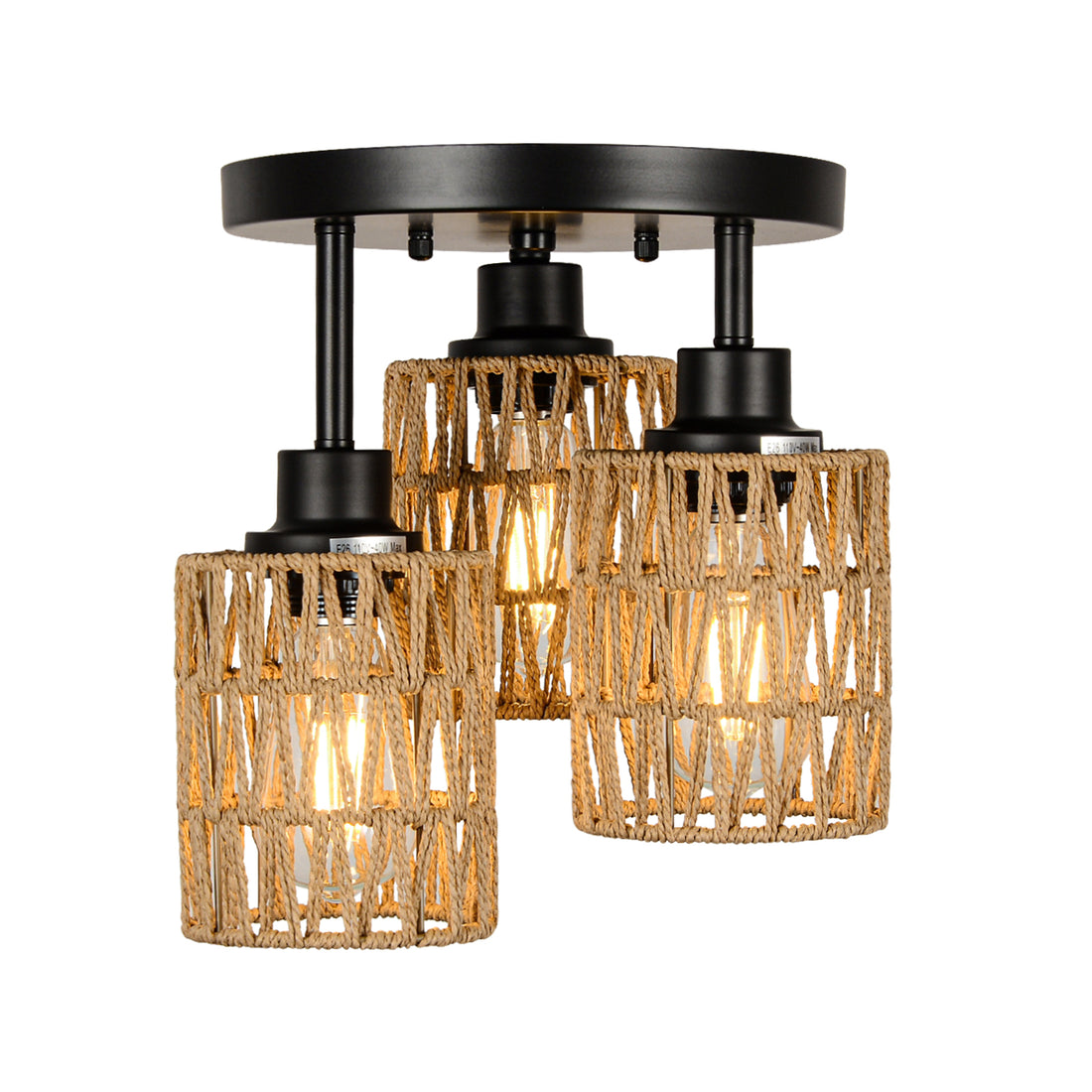 3 Lights Boho Flush Mount Light Brown Rattan