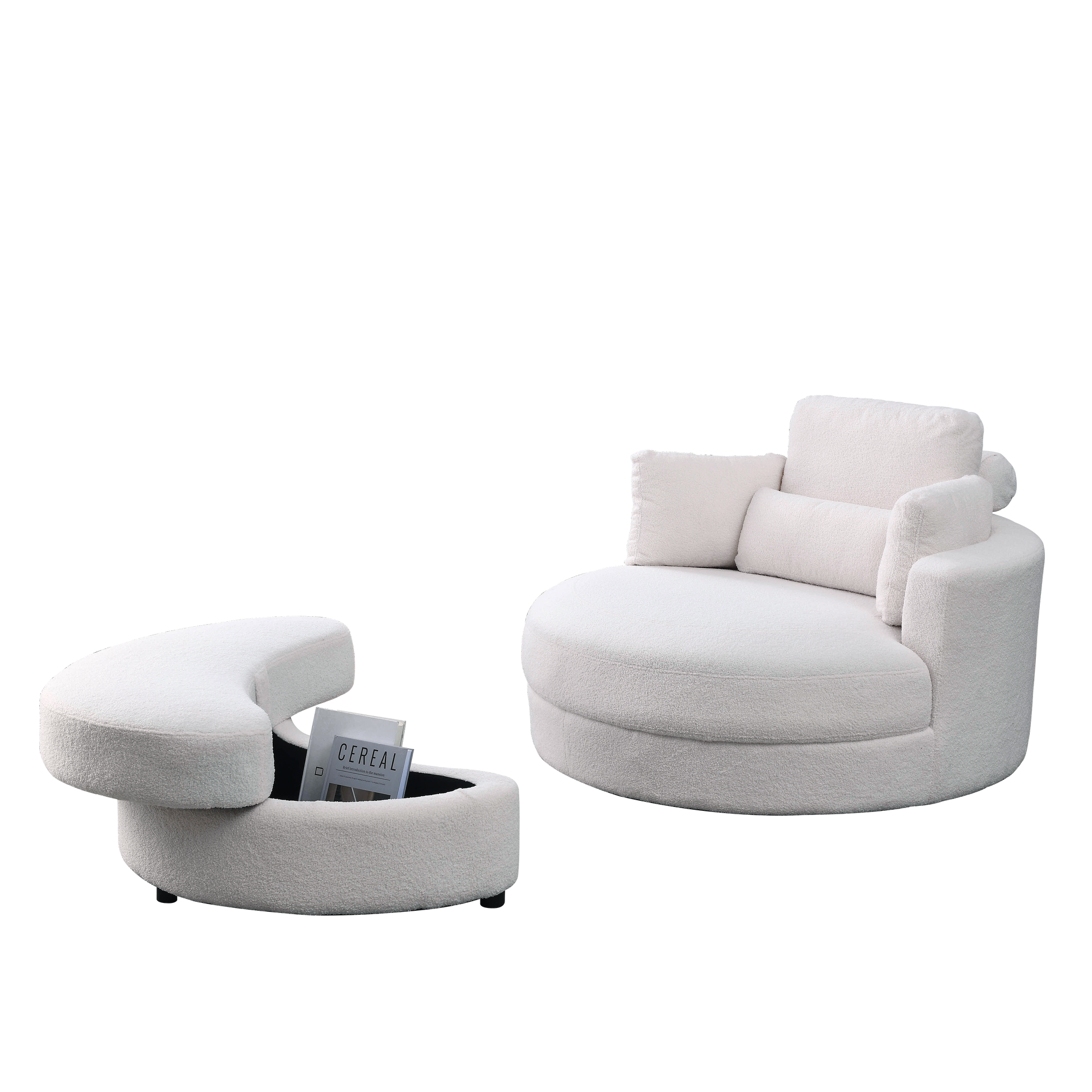 Video Welike Swivel Accent Barrel Modern Sofa Lounge Club Big Round Chair With Storage Ottoman Teddy Fabric For Living Room Hotel With Pillows. *2Pcs,Teddy White Ivory Ivory Foam Fabric