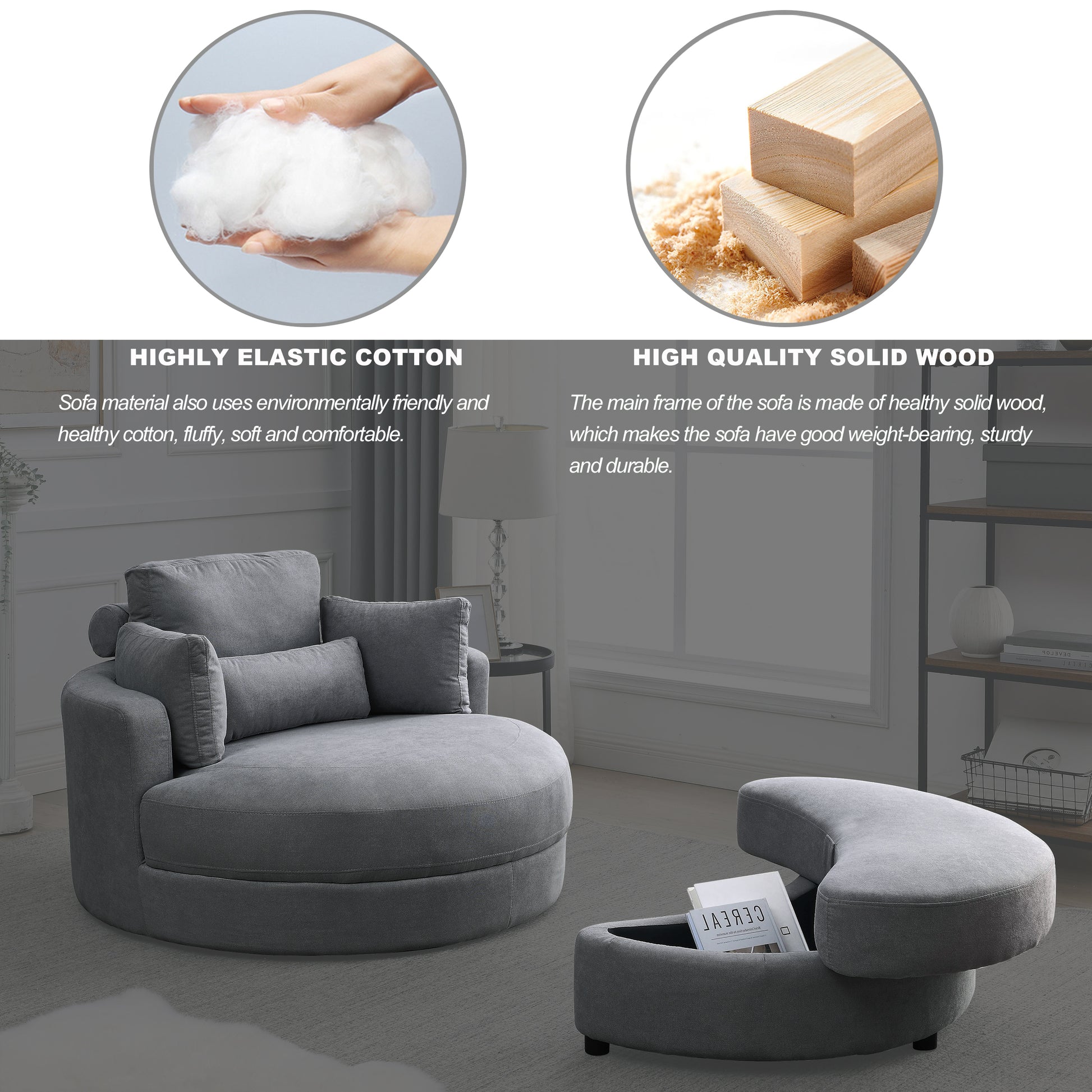 Video Welike Swivel Accent Barrel Modern Dark Grey Sofa Lounge Club Big Round Chair With Storage Ottoman Linen Fabric For Living Room Hotel With Pillows Dark Grey Foam Fabric