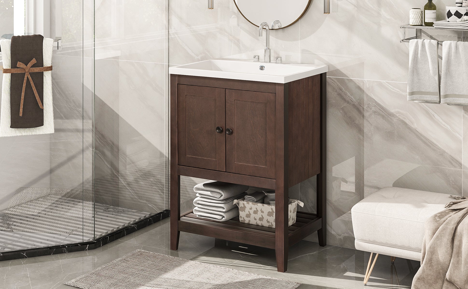 Video 24" Brown Modern Sleek Bathroom Vanity Elegant Ceramic Sink With Solid Wood Frame Open Style Shelf Old Sku: Jl000004Aad Brown Solid Wood Mdf