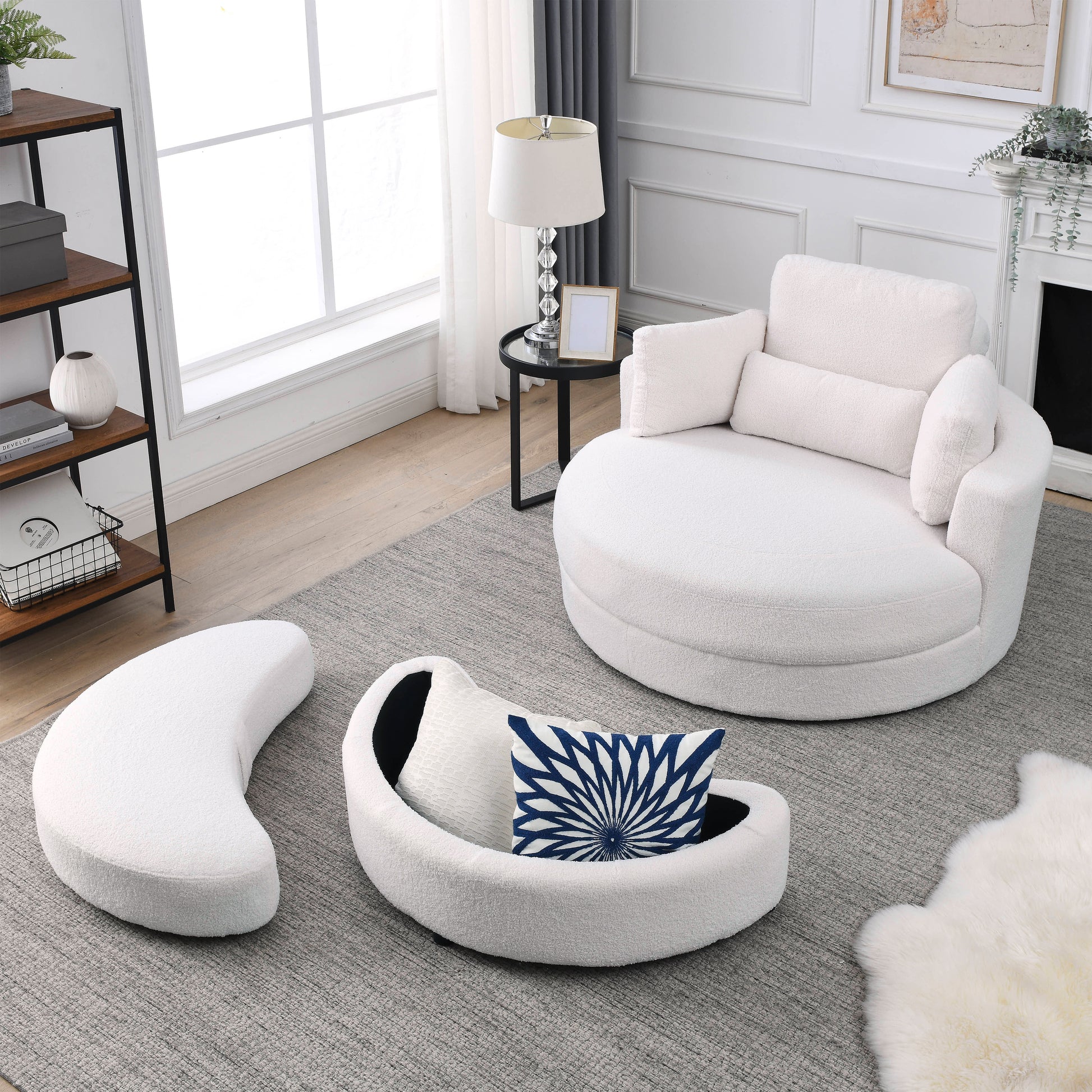 Video Welike Swivel Accent Barrel Modern Sofa Lounge Club Big Round Chair With Storage Ottoman Teddy Fabric For Living Room Hotel With Pillows. *2Pcs,Teddy White Ivory Ivory Foam Fabric