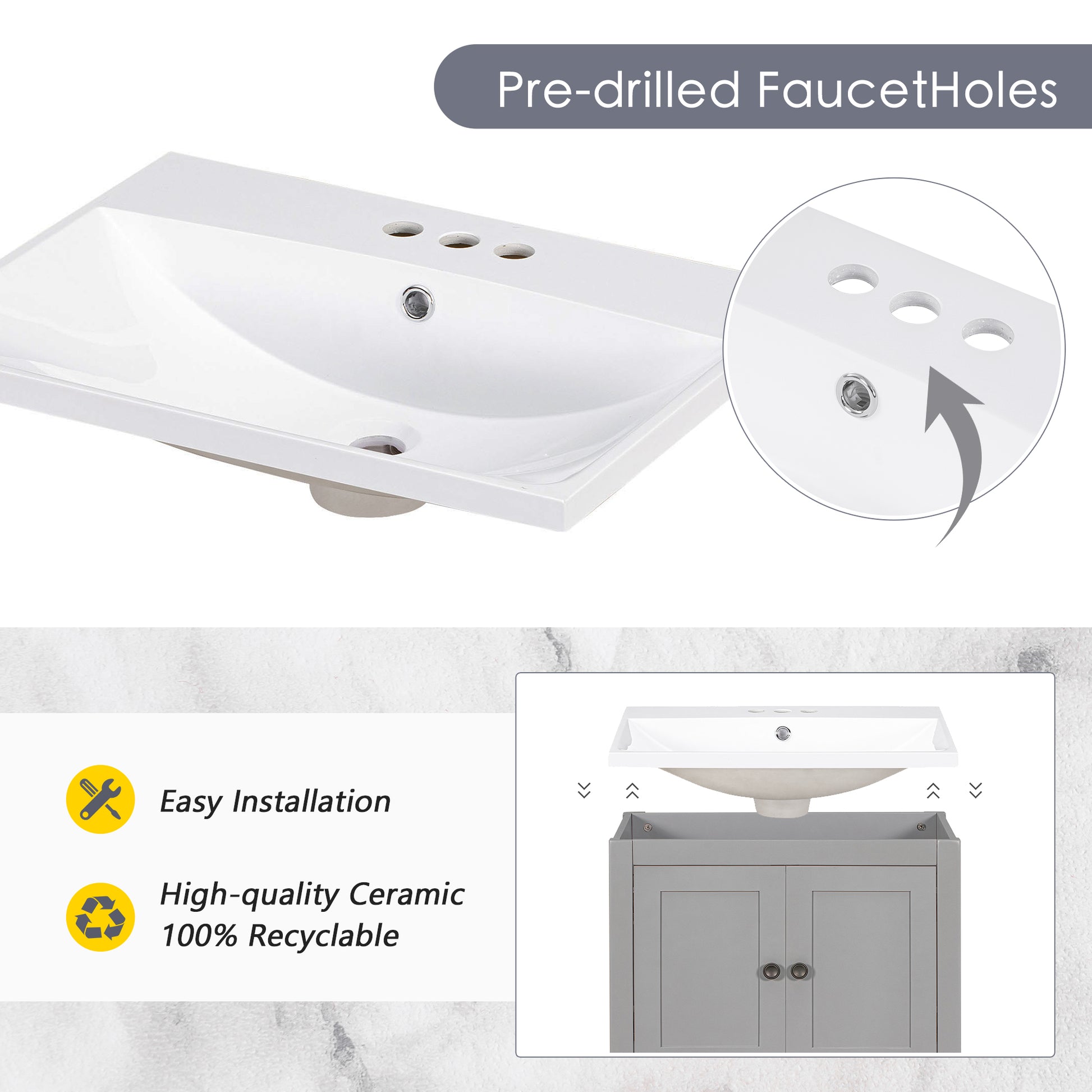 Video 24" Grey Modern Sleek Bathroom Vanity Elegant Ceramic Sink With Solid Wood Frame Open Style Shelf Grey Solid Wood