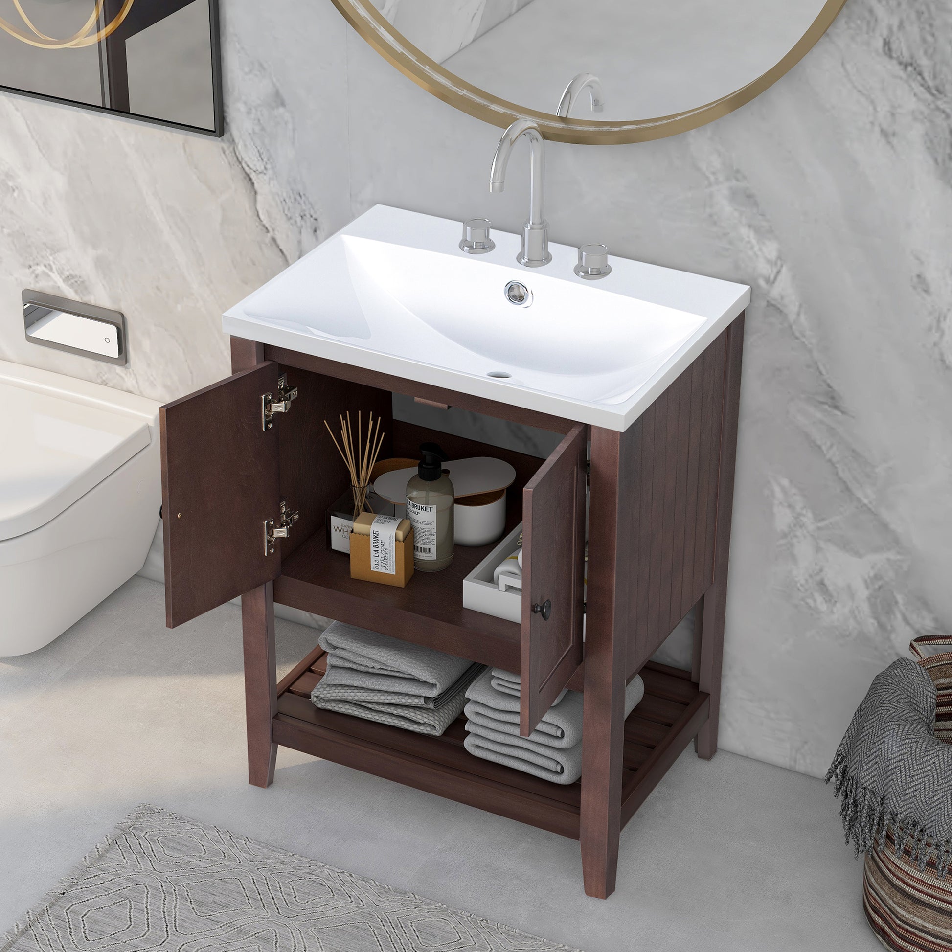 Video 24" Brown Modern Sleek Bathroom Vanity Elegant Ceramic Sink With Solid Wood Frame Open Style Shelf Old Sku: Jl000004Aad Brown Solid Wood Mdf