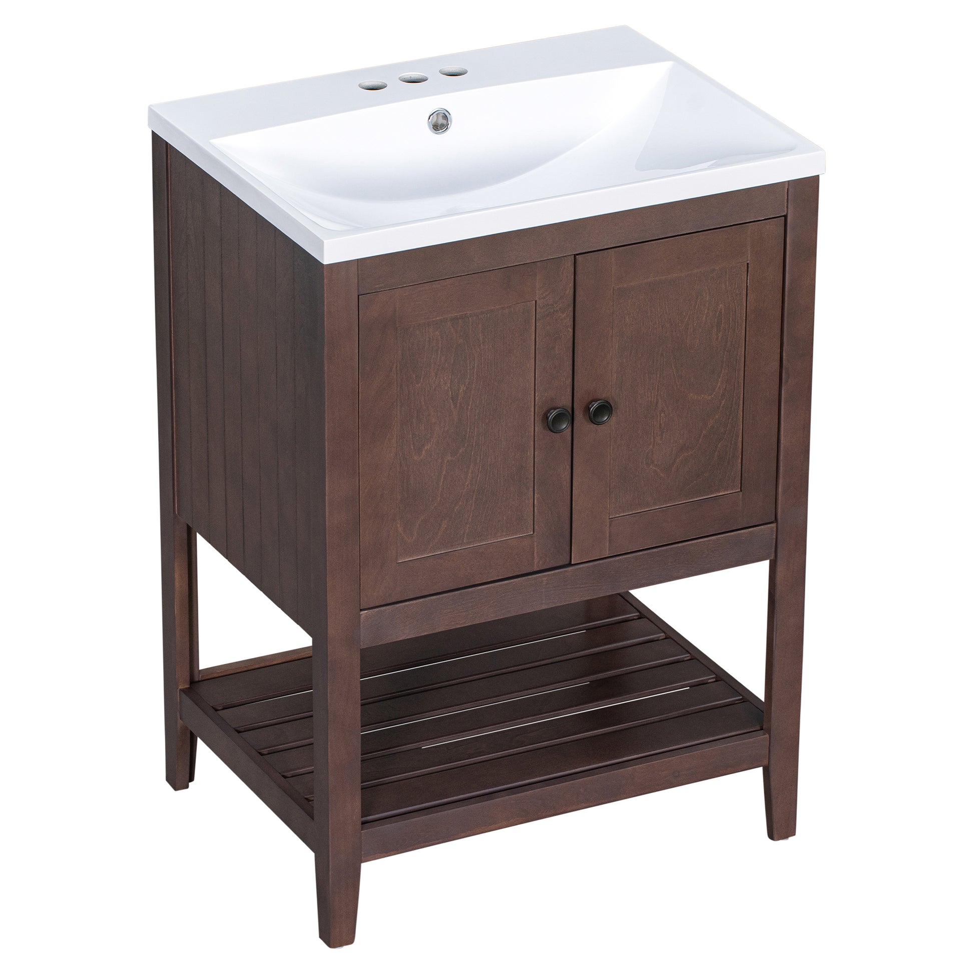 Video 24" Brown Modern Sleek Bathroom Vanity Elegant Ceramic Sink With Solid Wood Frame Open Style Shelf Old Sku: Jl000004Aad Brown Solid Wood Mdf