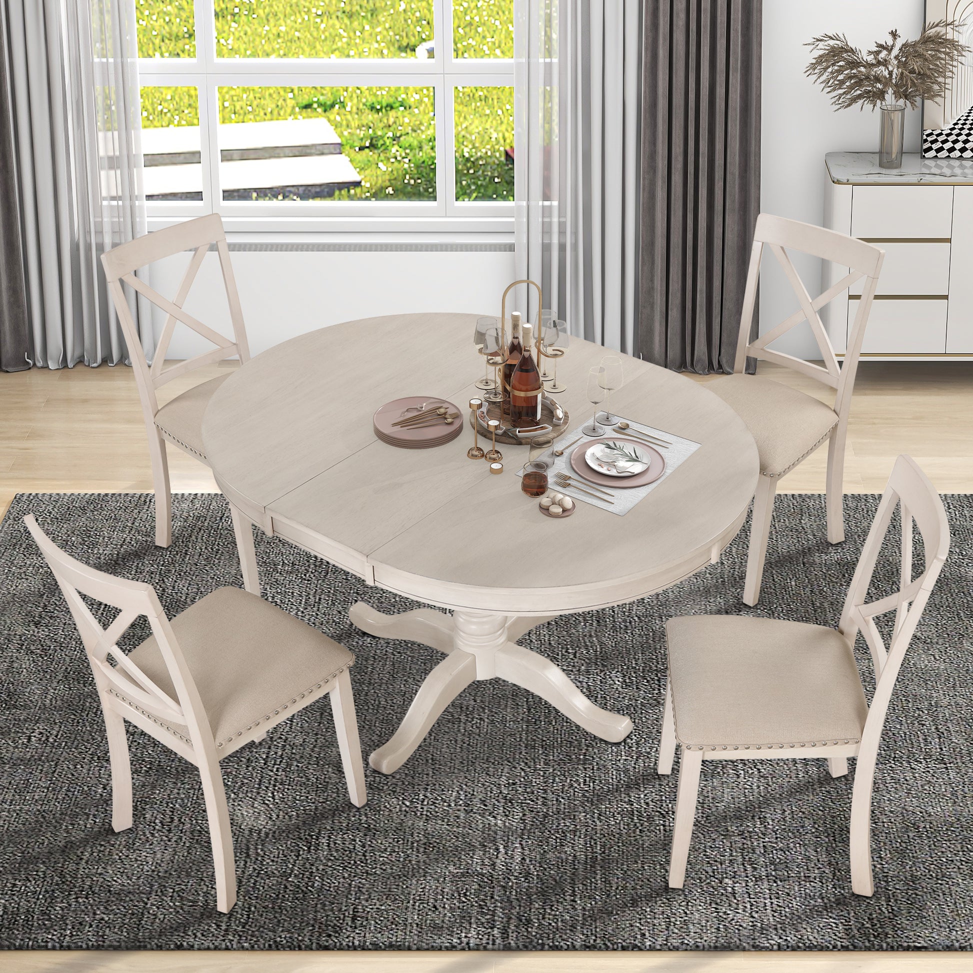 Modern Dining Table Set For 4,Round Table And 4 Kitchen Room Chairs,5 Piece Kitchen Table Set For Dining Room,Dinette,Breakfast Nook,Antique White Antique White Mdf Solid Wood Mdf