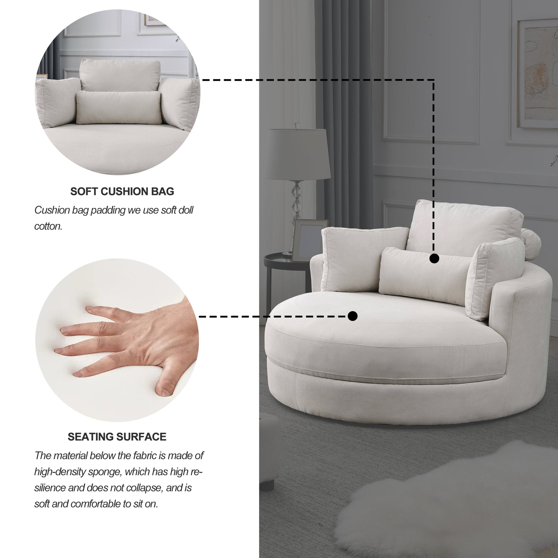 Video Welike Swivel Accent Barrel Modern Sofa Lounge Club Big Round Chair With Storage Ottoman Linen Fabric For Living Room Hotel With Pillows . *2Pcs Beige Foam Fabric