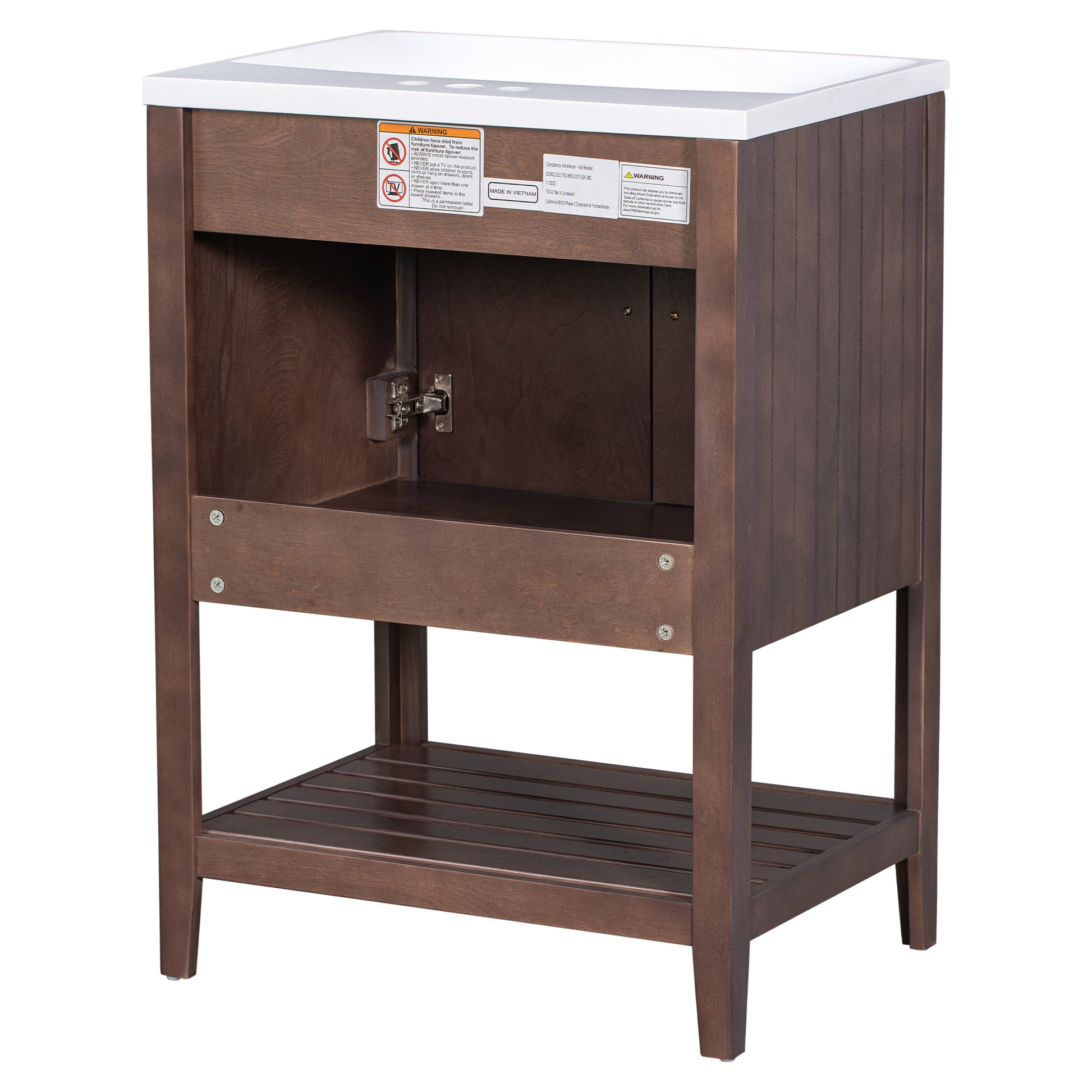 Video 24" Brown Modern Sleek Bathroom Vanity Elegant Ceramic Sink With Solid Wood Frame Open Style Shelf Old Sku: Jl000004Aad Brown Solid Wood Mdf