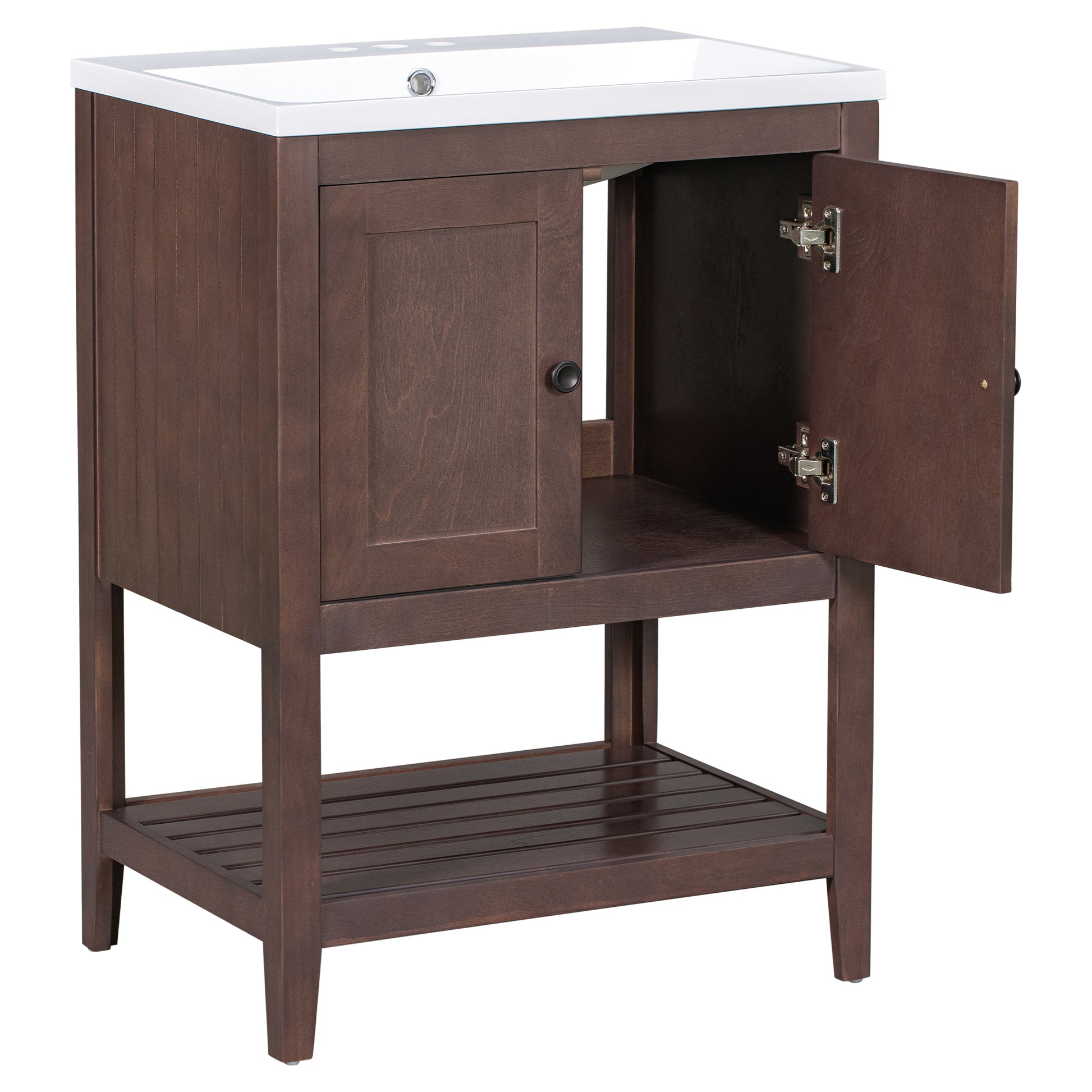 Video 24" Brown Modern Sleek Bathroom Vanity Elegant Ceramic Sink With Solid Wood Frame Open Style Shelf Old Sku: Jl000004Aad Brown Solid Wood Mdf