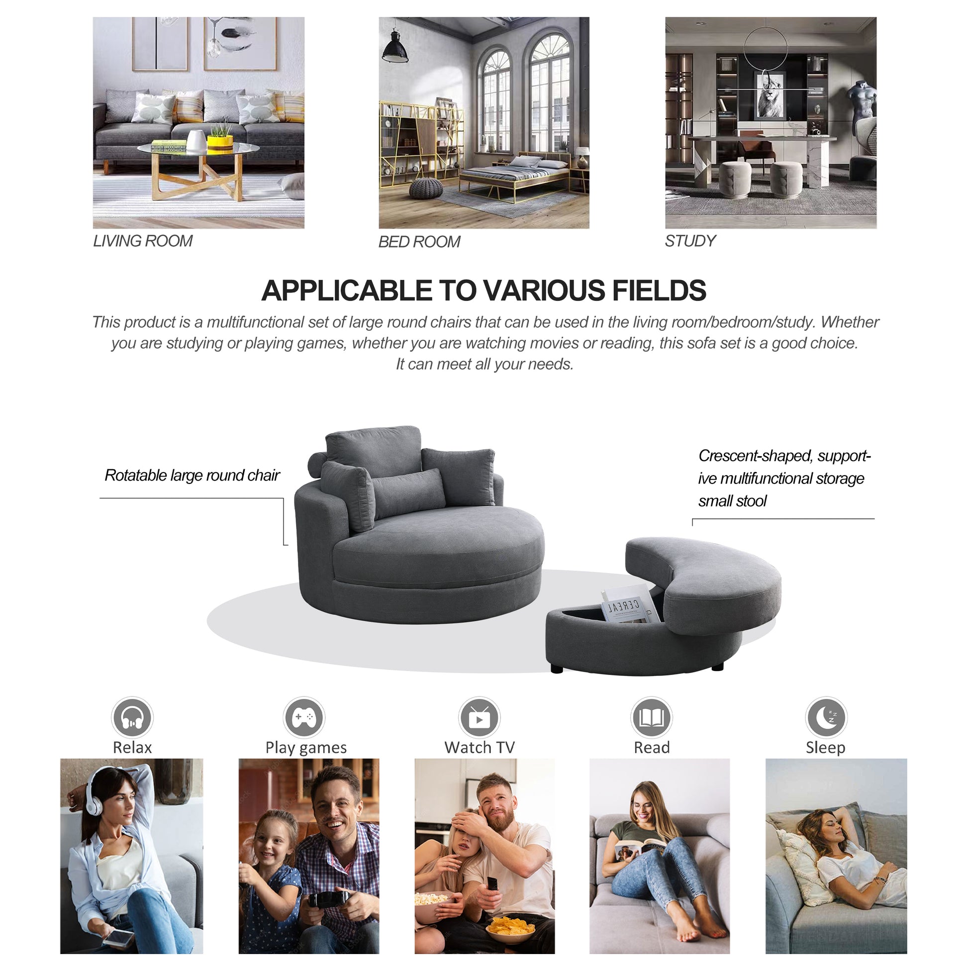 Video Welike Swivel Accent Barrel Modern Dark Grey Sofa Lounge Club Big Round Chair With Storage Ottoman Linen Fabric For Living Room Hotel With Pillows,2Pcs. Dark Grey Foam Fabric