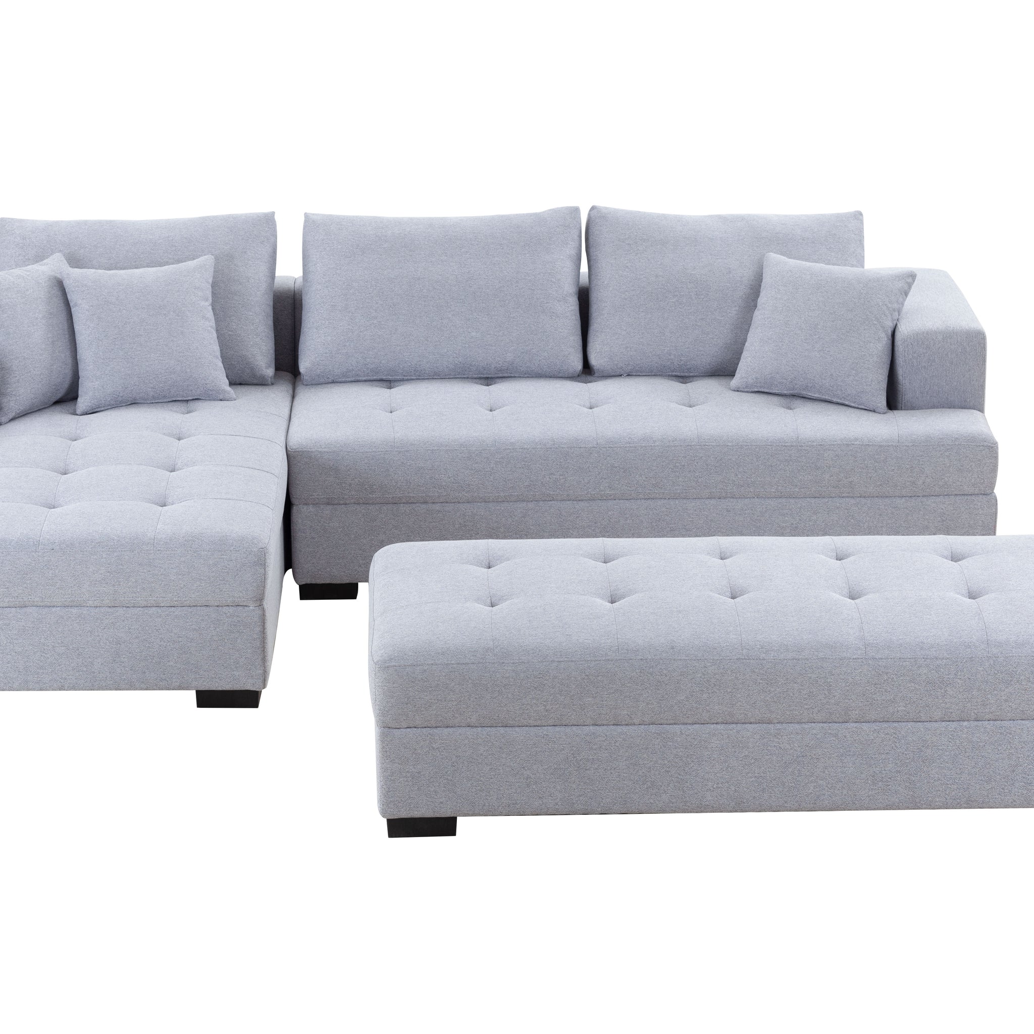 Tufted Fabric 3 Seat L Shape Sectional Sofa Couch Set W Chaise Lounge, Ottoman Coffee Table Bench, Light Grey Light Grey Fabric