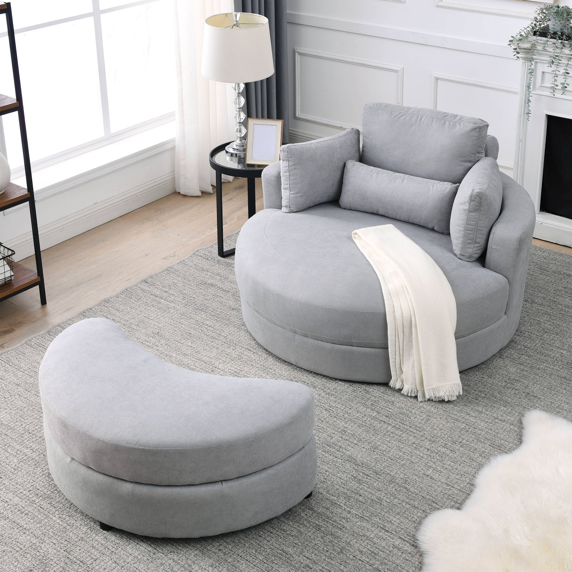 Video Welike Swivel Accent Barrel Modern Grey Sofa Lounge Club Big Round Chair With Storage Ottoman Linen Fabric For Living Room Hotel With Pillows Light Grey Foam Fabric
