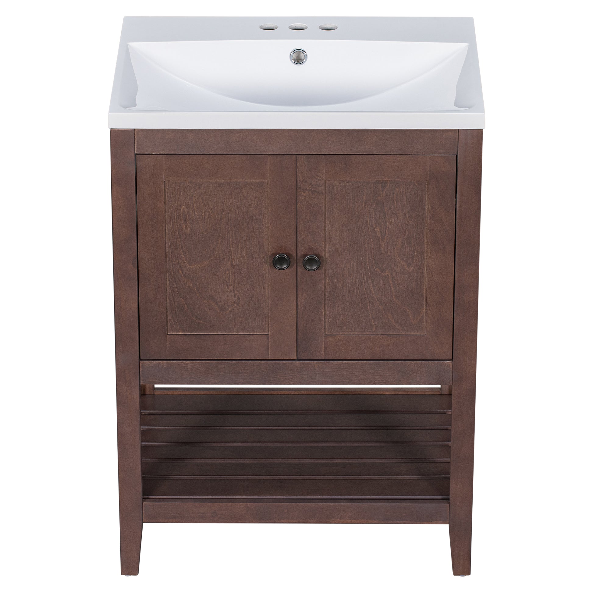 Video 24" Brown Modern Sleek Bathroom Vanity Elegant Ceramic Sink With Solid Wood Frame Open Style Shelf Old Sku: Jl000004Aad Brown Solid Wood Mdf