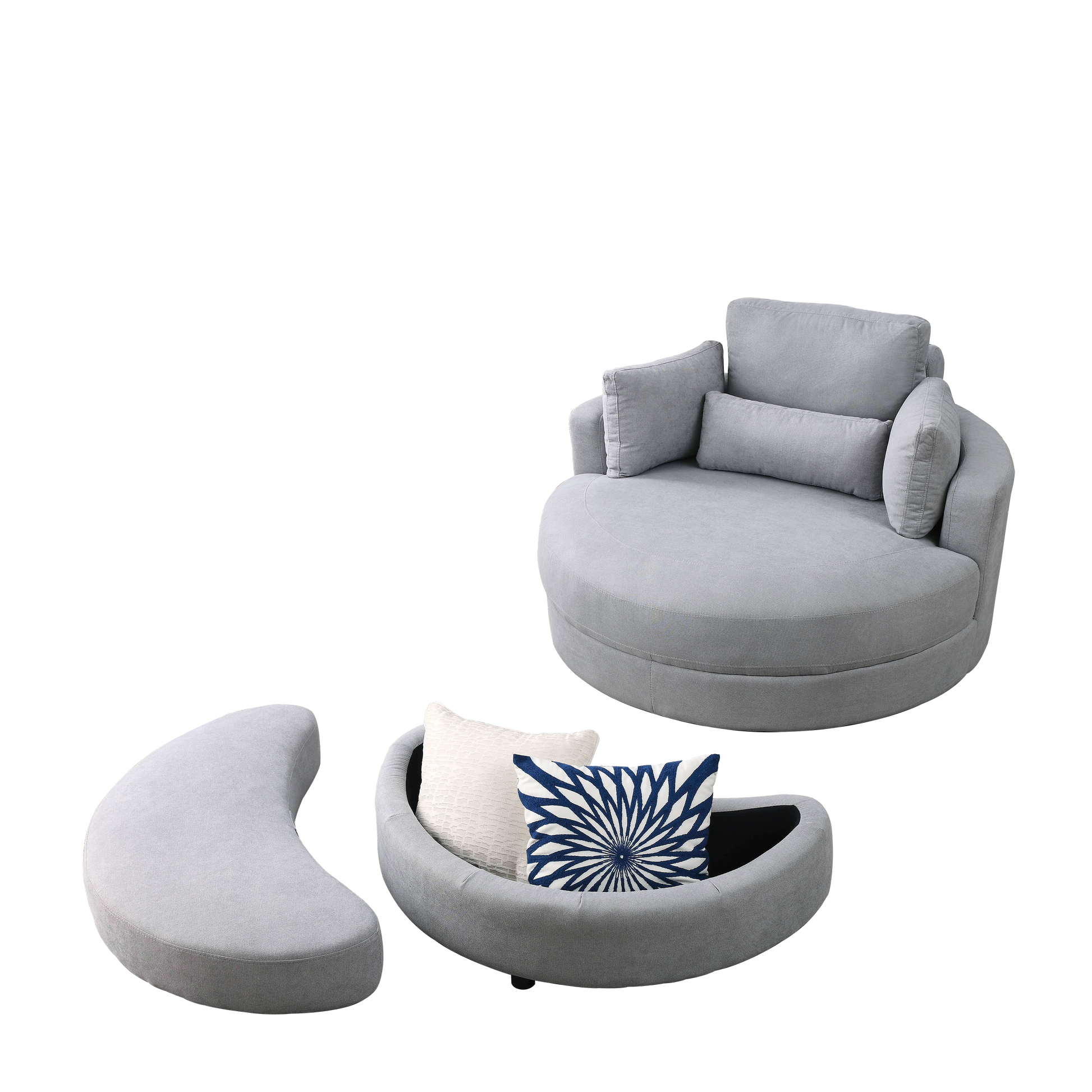 Video Welike Swivel Accent Barrel Modern Grey Sofa Lounge Club Big Round Chair With Storage Ottoman Linen Fabric For Living Room Hotel With Pillows Light Grey Foam Fabric