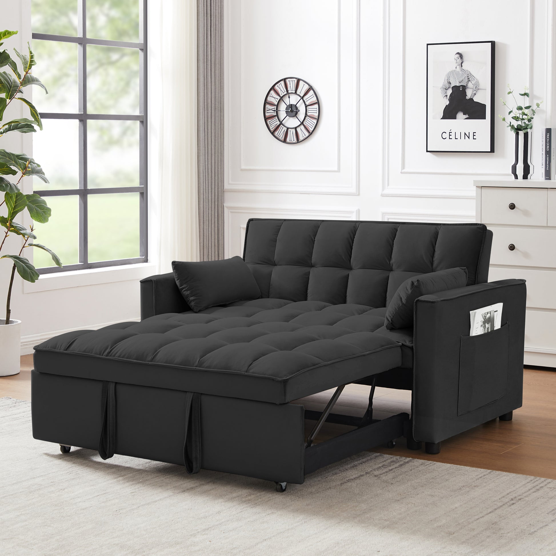 Modern Velvet Loveseat Futon Sofa Couch W Pullout Bed,Small Beautiful Seat Lounge Sofa W Reclining Backrest,Toss Pillows, Pockets,Furniture For Living Room,3 In 1 Convertible Sleeper Sofa Bed, Black Black Velvet 2 Seat