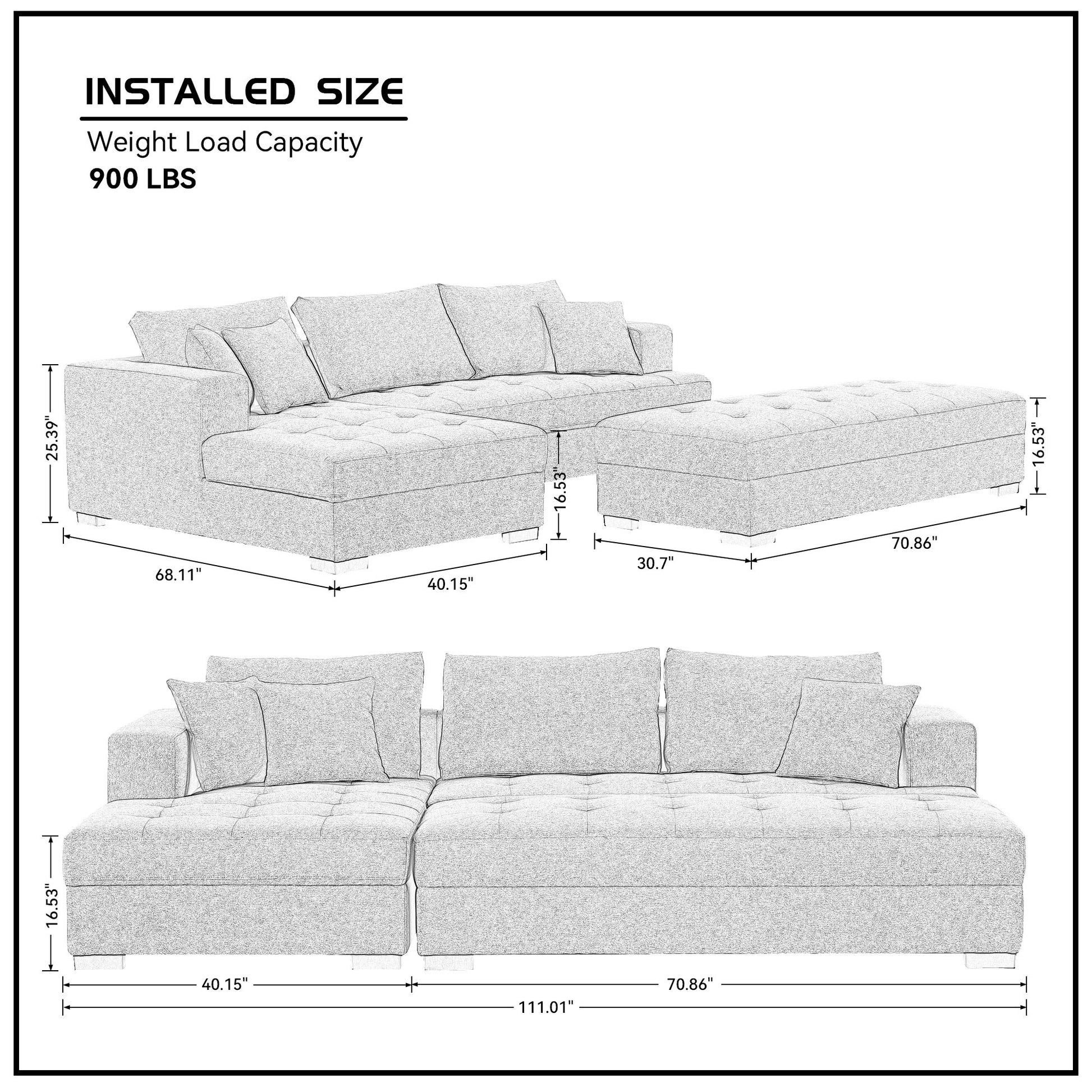 Tufted Fabric 3 Seat L Shape Sectional Sofa Couch Set W Chaise Lounge, Ottoman Coffee Table Bench, Light Grey Light Grey Fabric