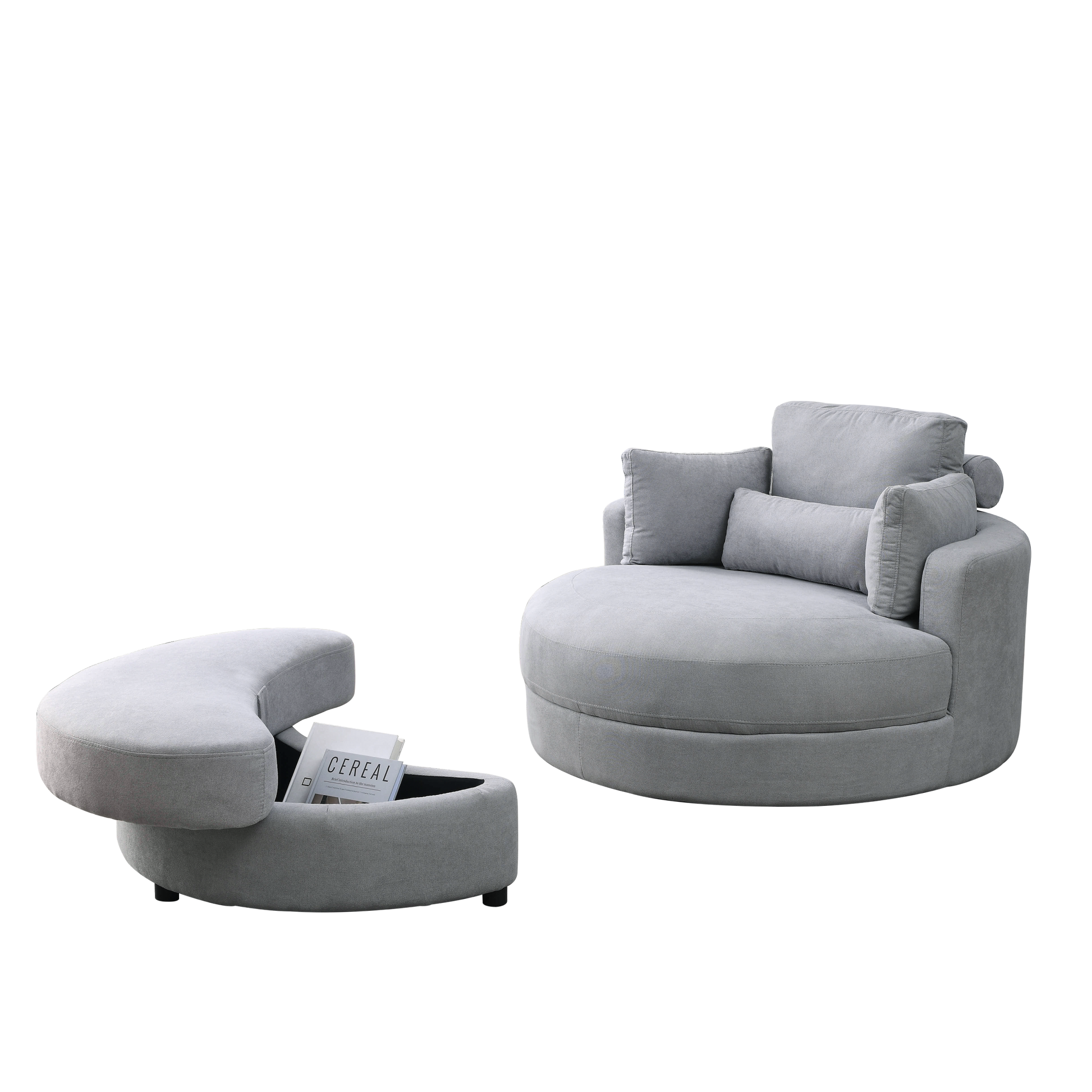 Video Welike Swivel Accent Barrel Modern Grey Sofa Lounge Club Big Round Chair With Storage Ottoman Linen Fabric For Living Room Hotel With Pillows .2Pcs Light Grey Foam Fabric