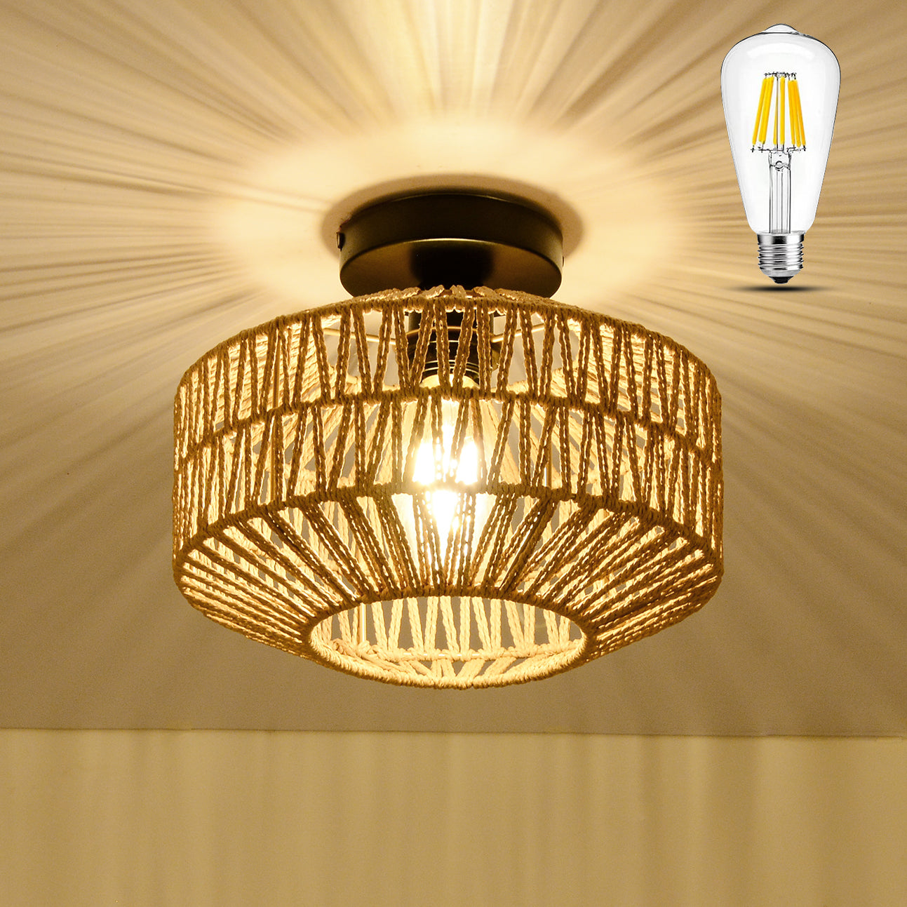 Mini Rattan Flush Mount Light With Dimmable Led Bulb Brown Rattan