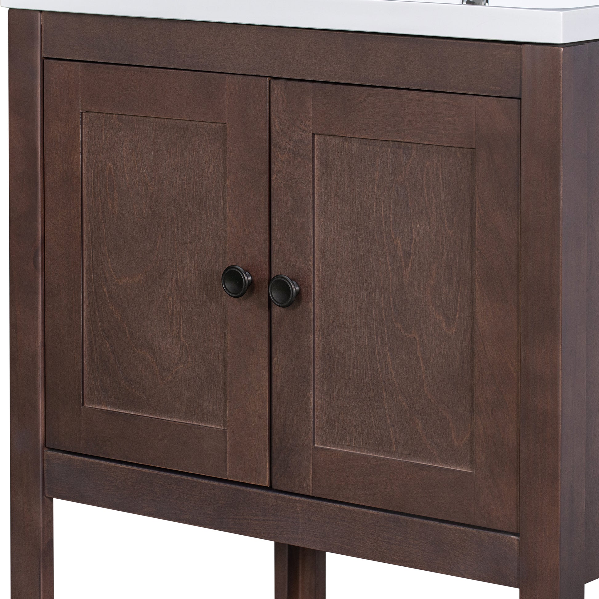 Video 24" Brown Modern Sleek Bathroom Vanity Elegant Ceramic Sink With Solid Wood Frame Open Style Shelf Old Sku: Jl000004Aad Brown Solid Wood Mdf