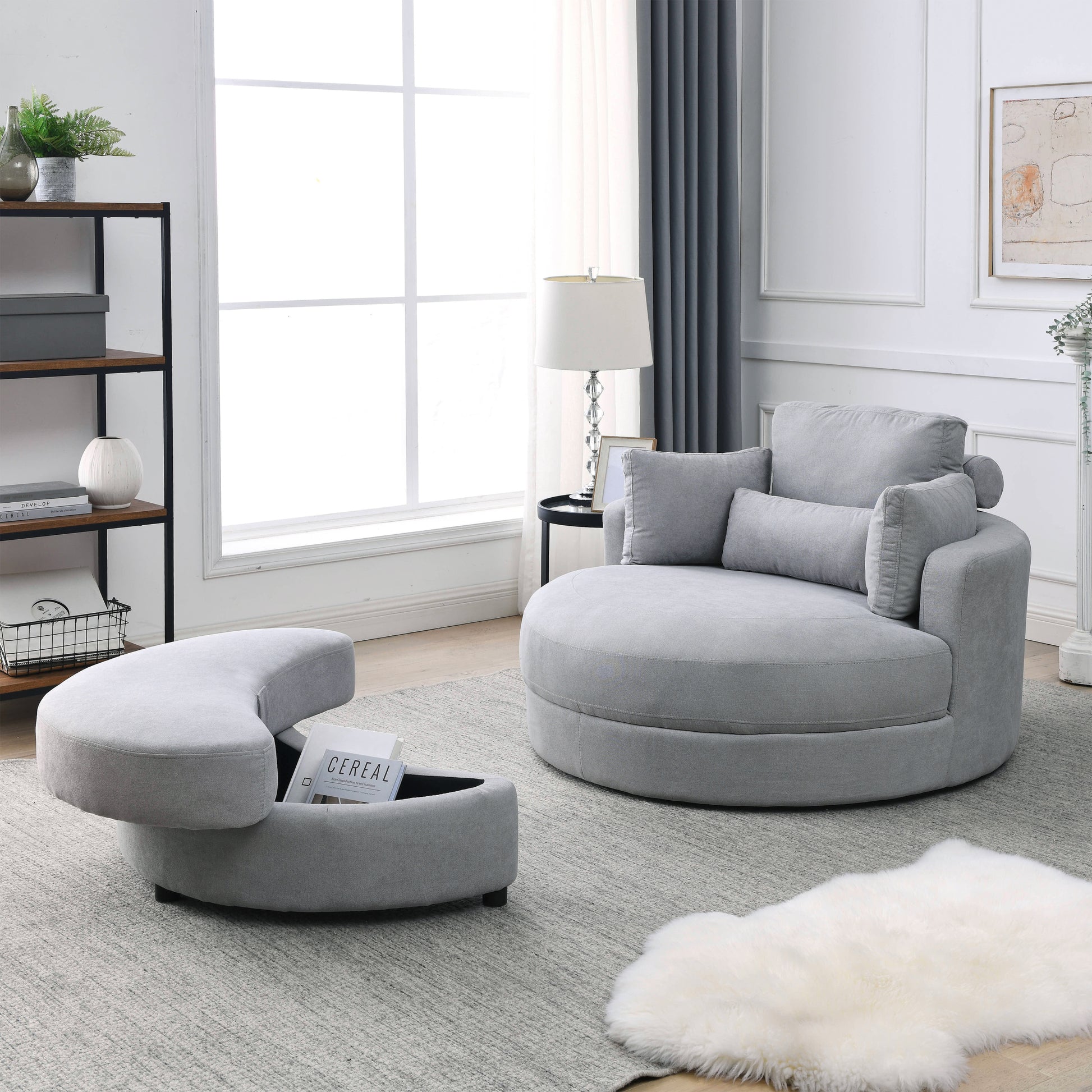 Video Welike Swivel Accent Barrel Modern Grey Sofa Lounge Club Big Round Chair With Storage Ottoman Linen Fabric For Living Room Hotel With Pillows .2Pcs Light Grey Foam Fabric