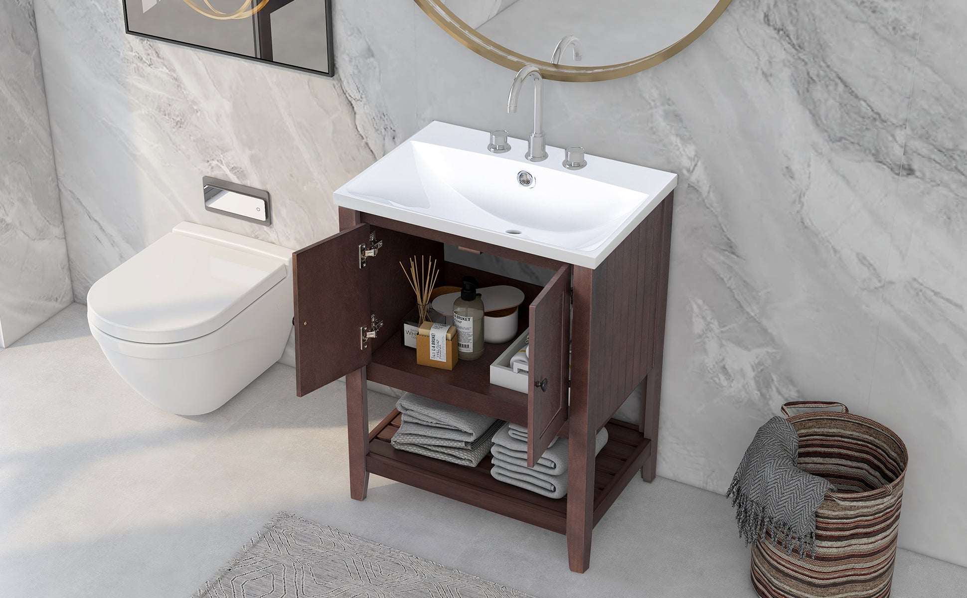 Video 24" Brown Modern Sleek Bathroom Vanity Elegant Ceramic Sink With Solid Wood Frame Open Style Shelf Old Sku: Jl000004Aad Brown Solid Wood Mdf