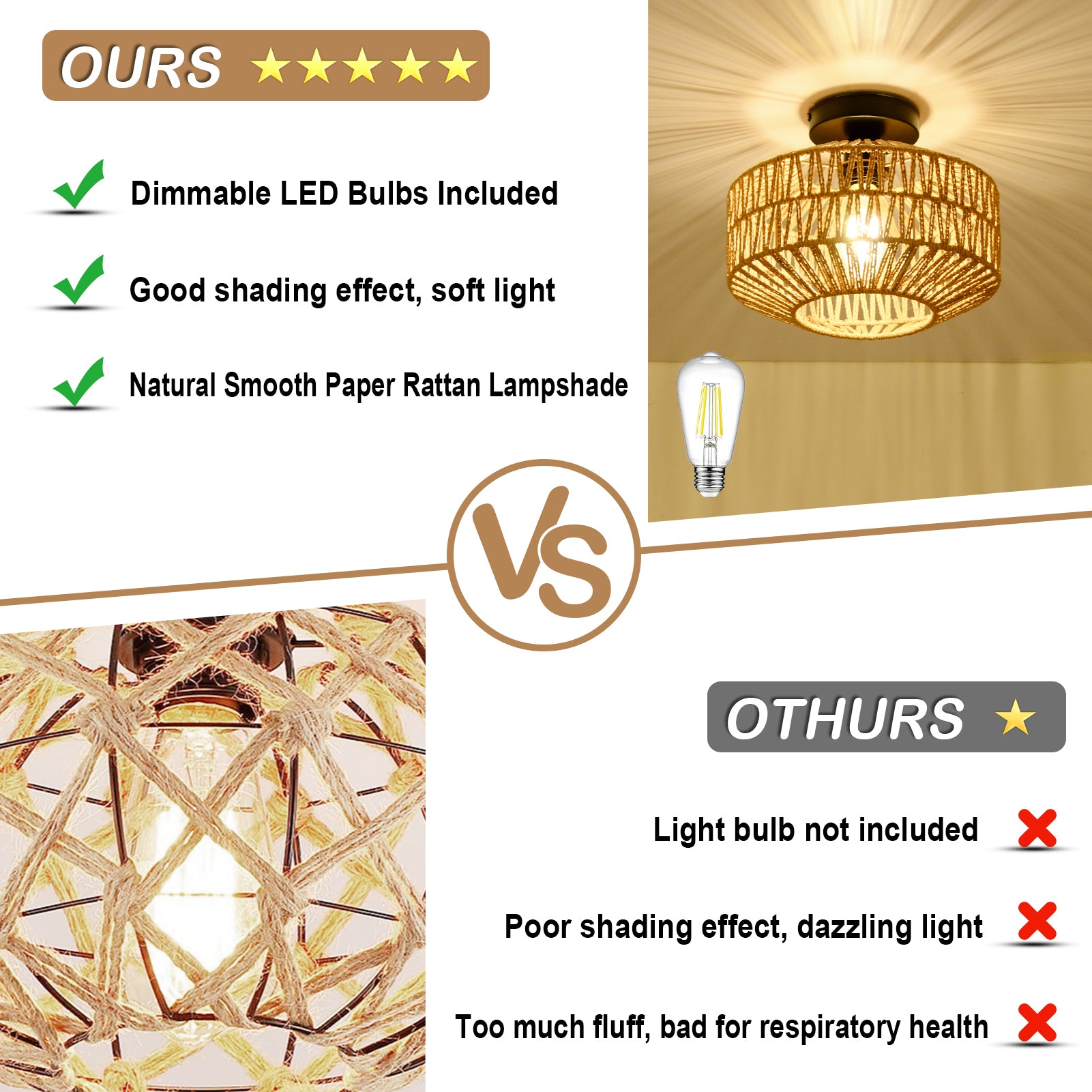 Mini Rattan Flush Mount Light With Dimmable Led Bulb Brown Rattan