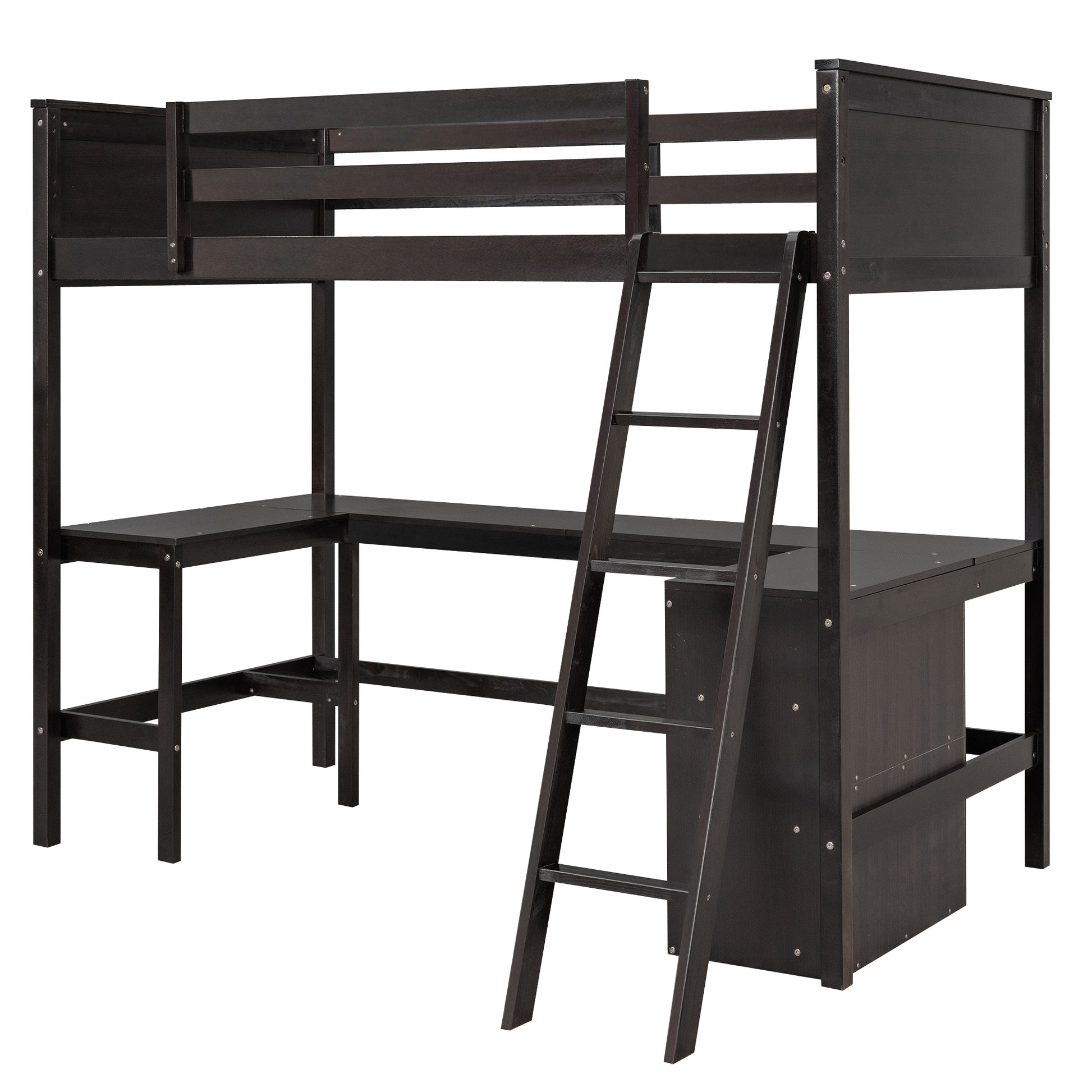 Twin Size Loft Bed With Shelves And Desk, Wooden Loft Bed With Desk Espresso Old Sku:Lt000537Aap Twin Espresso Solid Wood