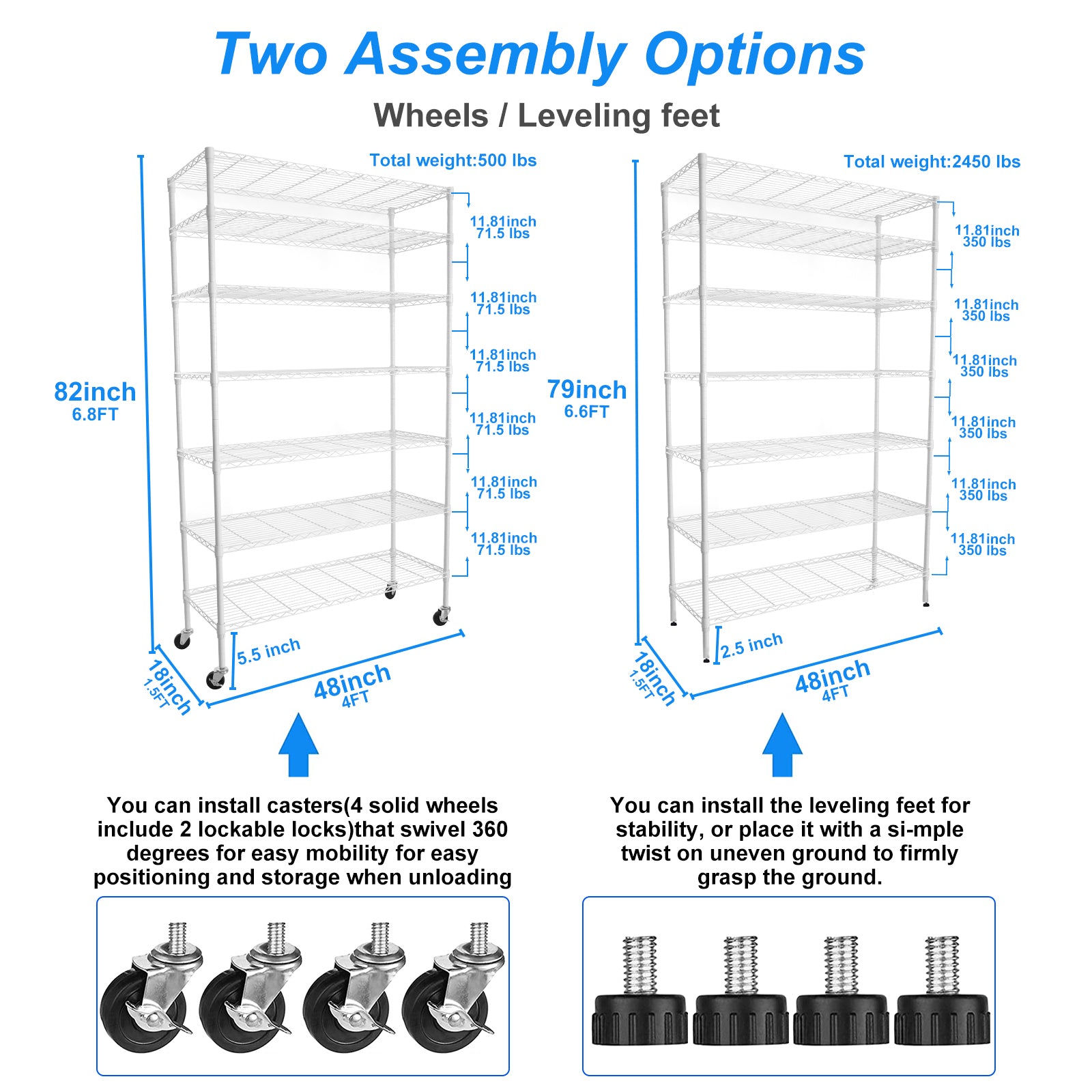 7 Tier Wire Shelving Unit, 2450 Lbs Nsf Height Adjustable Metal Garage Storage Shelves With Wheels, Heavy Duty Storage Wire Rack Metal Shelves White White Iron Plastic