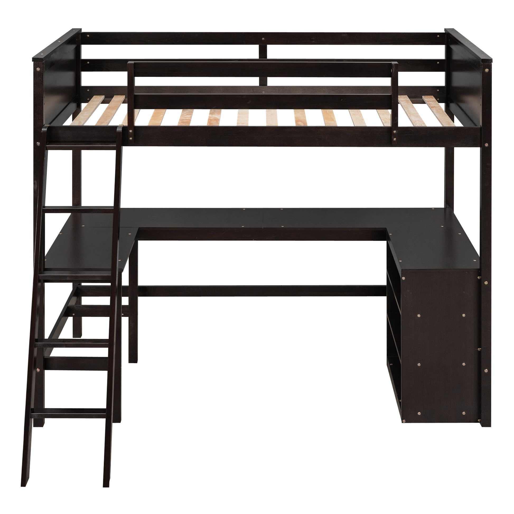 Twin Size Loft Bed With Shelves And Desk, Wooden Loft Bed With Desk Espresso Old Sku:Lt000537Aap Twin Espresso Solid Wood