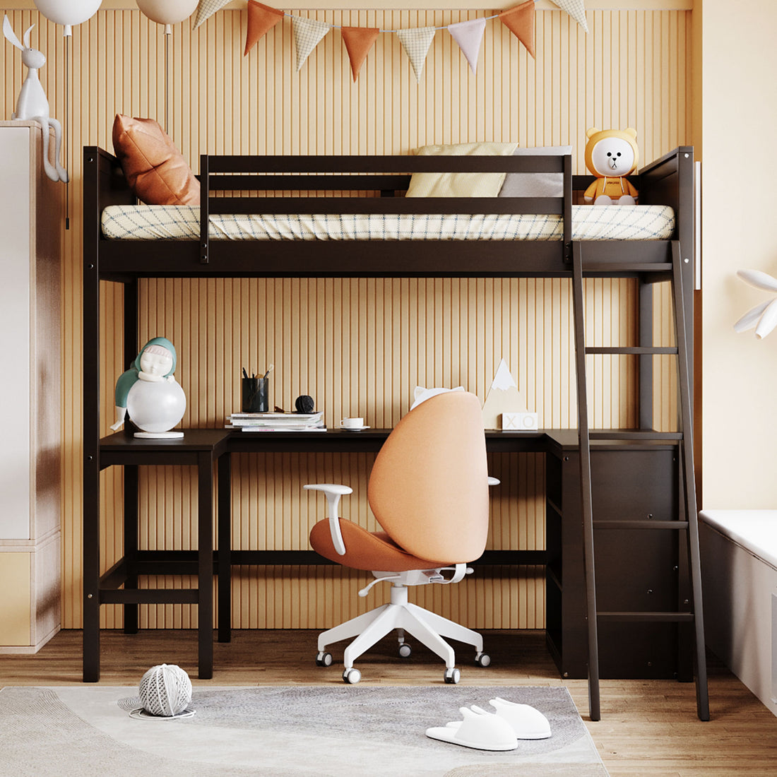 Twin Size Loft Bed With Shelves And Desk, Wooden Loft Bed With Desk Espresso Old Sku:Lt000537Aap Twin Espresso Solid Wood