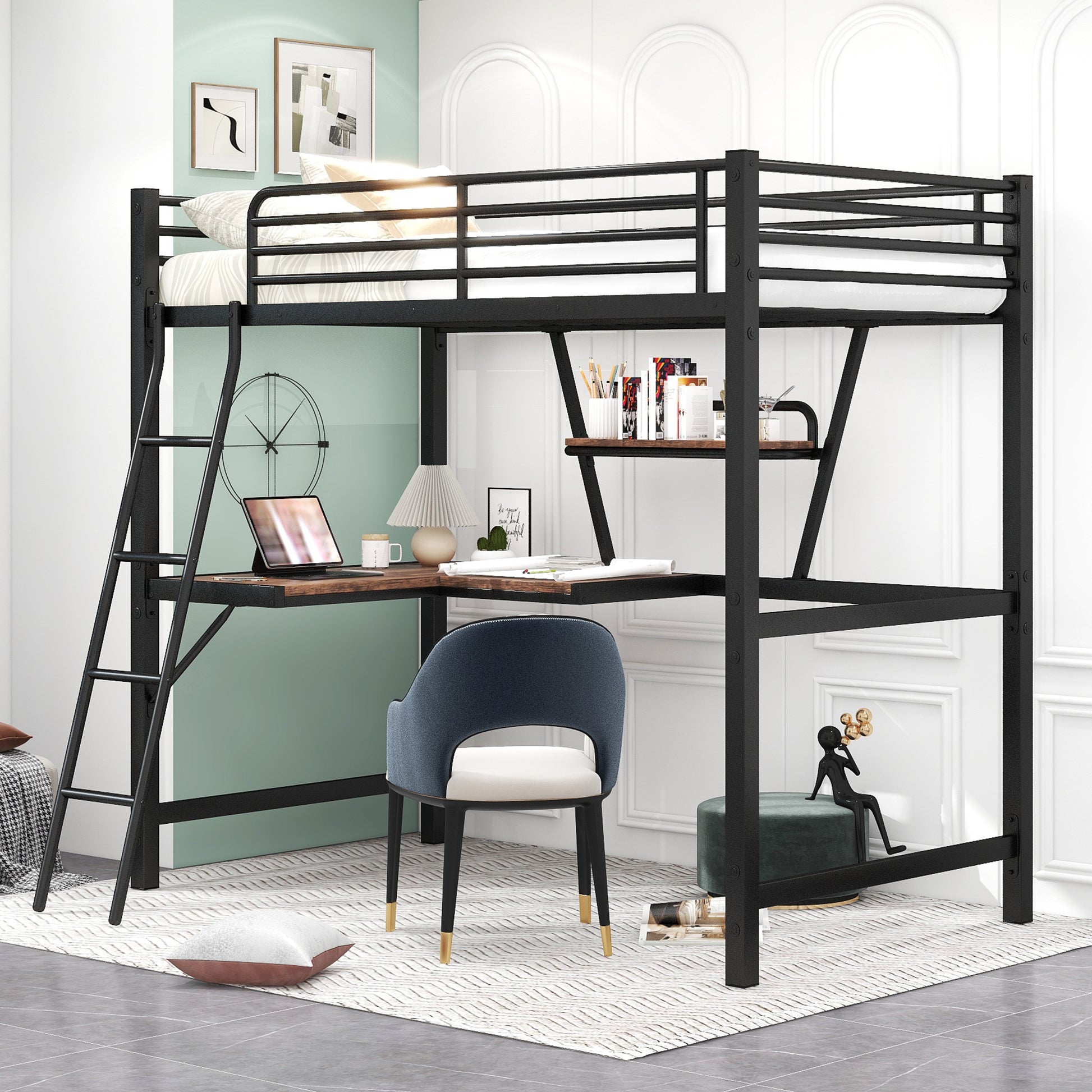 Twin Size Loft Metal&Mdf Bed With Desk And Shelf, Black Old Sku:Sm001105Aab 1 Black Metal