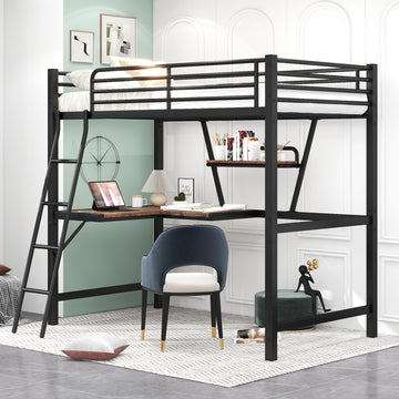 Twin Size Loft Metal&Mdf Bed With Desk And Shelf, Black Old Sku:Sm001105Aab 1 Black Metal