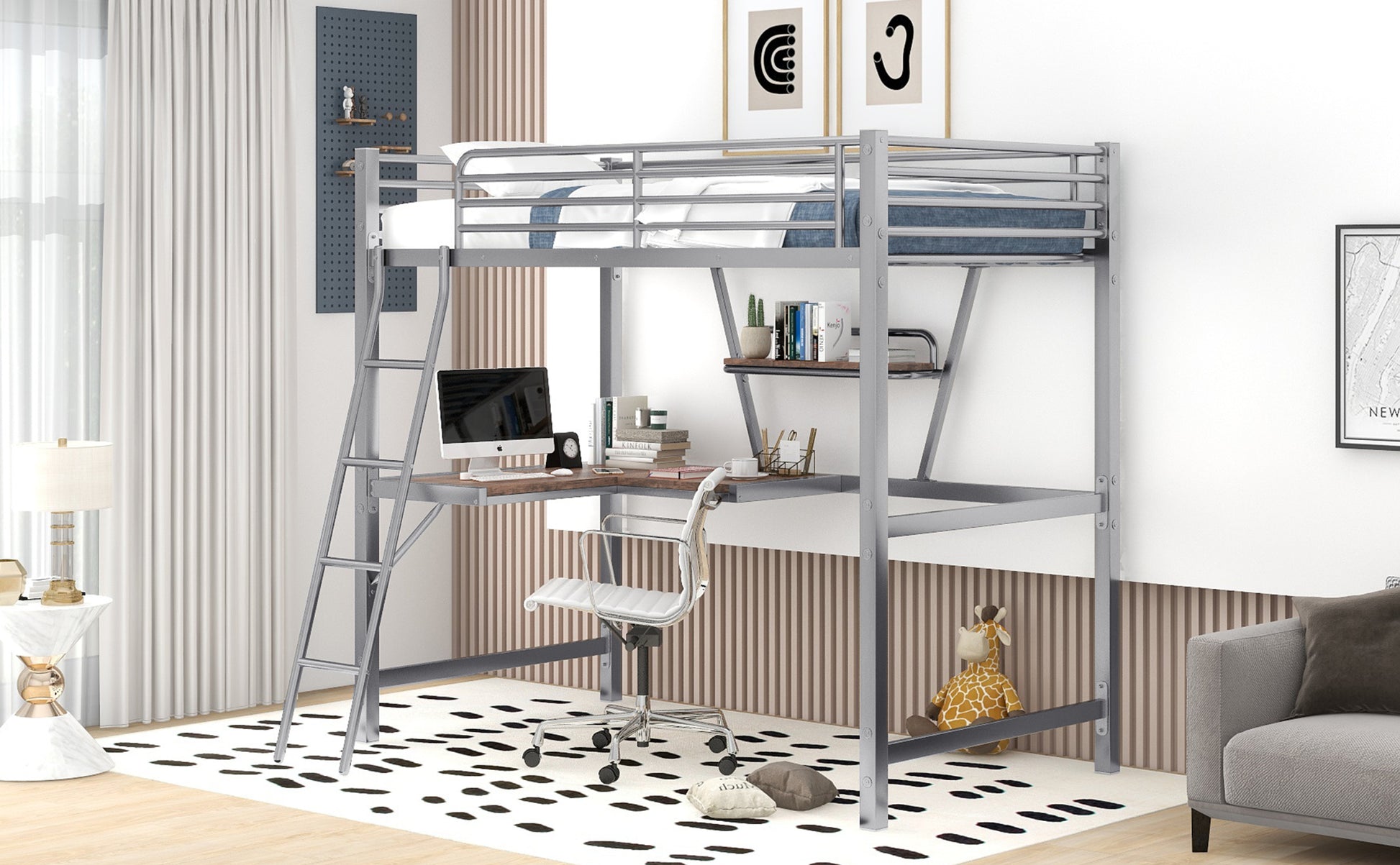 Twin Size Loft Metal&Mdf Bed With Desk And Shelf, Silver Old Sku:Sm001105Aan 1 Silver Metal