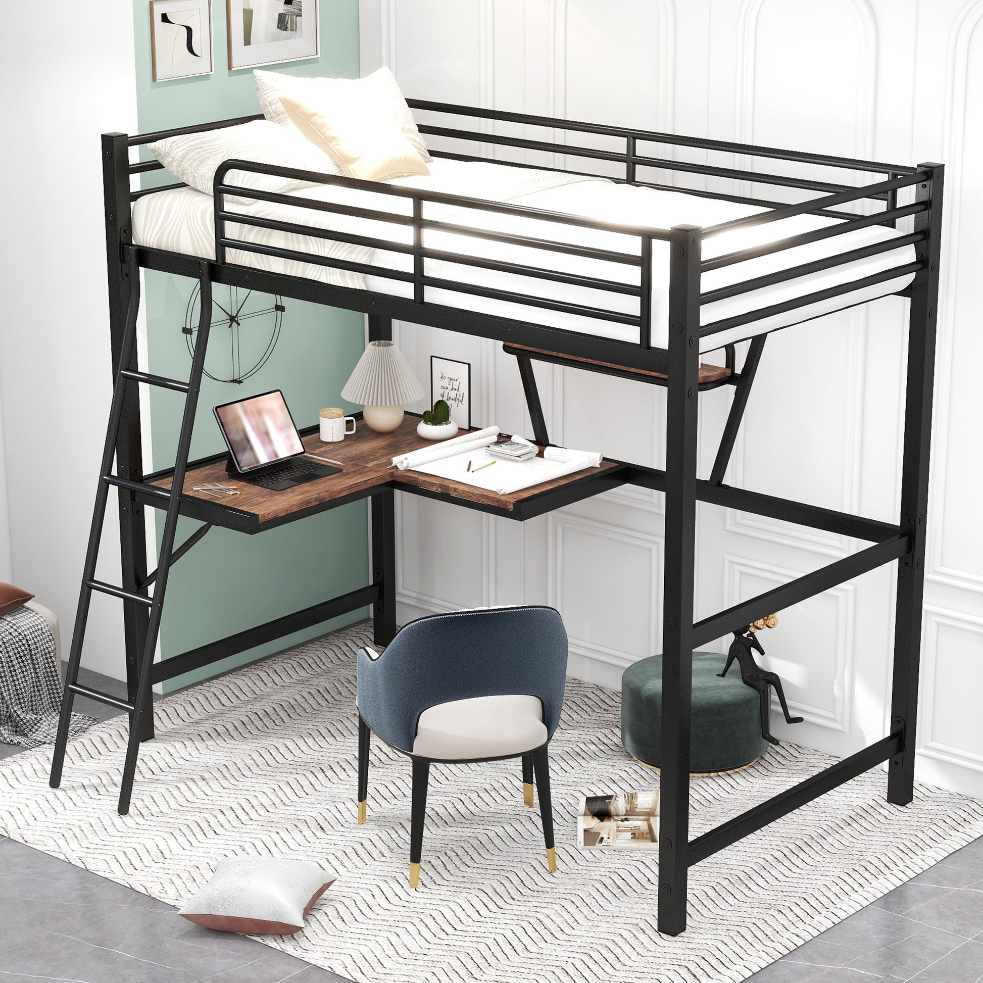 Twin Size Loft Metal&Mdf Bed With Desk And Shelf, Black Old Sku:Sm001105Aab 1 Black Metal