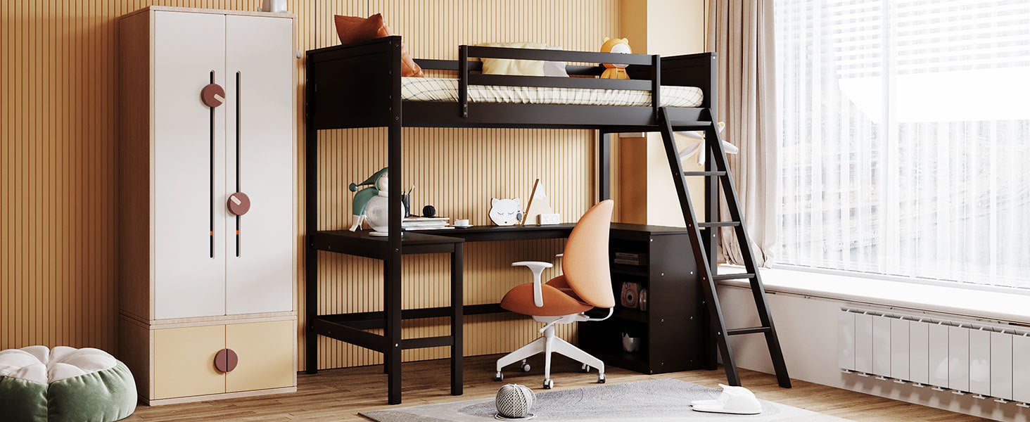 Twin Size Loft Bed With Shelves And Desk, Wooden Loft Bed With Desk Espresso Old Sku:Lt000537Aap Twin Espresso Solid Wood