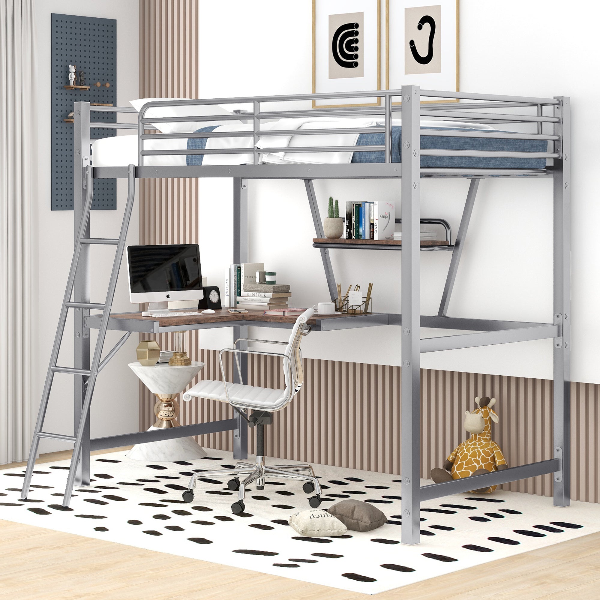 Twin Size Loft Metal&Mdf Bed With Desk And Shelf, Silver Old Sku:Sm001105Aan 1 Silver Metal