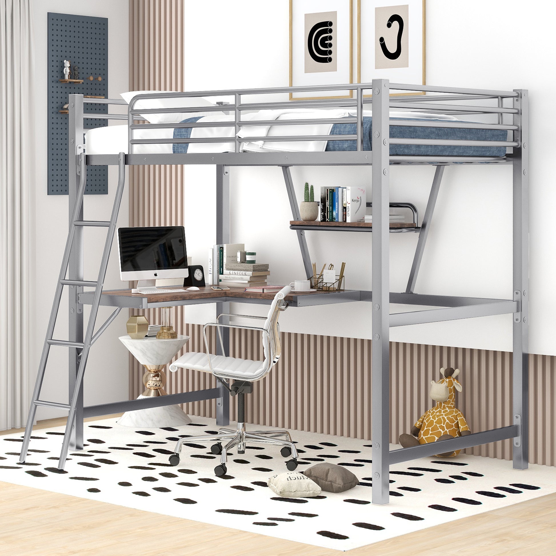 Twin Size Loft Metal&Mdf Bed With Desk And Shelf, Silver Old Sku:Sm001105Aan 1 Silver Metal